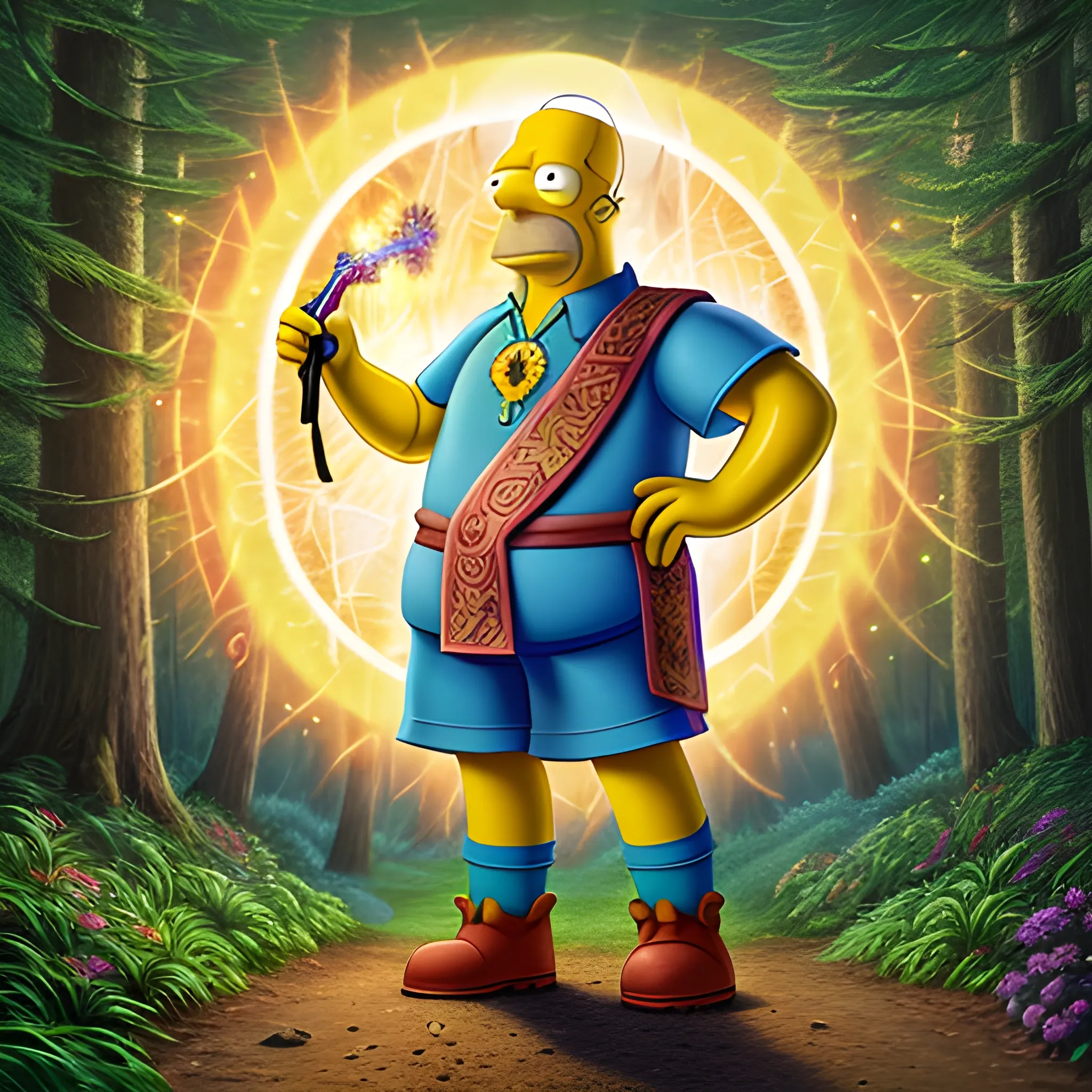 Homer Simpson, standing in the middle of the forrest path, dressed in a hyper detailed sorcerer's outfit, holds a hyper detailed magic wand from which a ray of light emanates, hyper detailed magical background