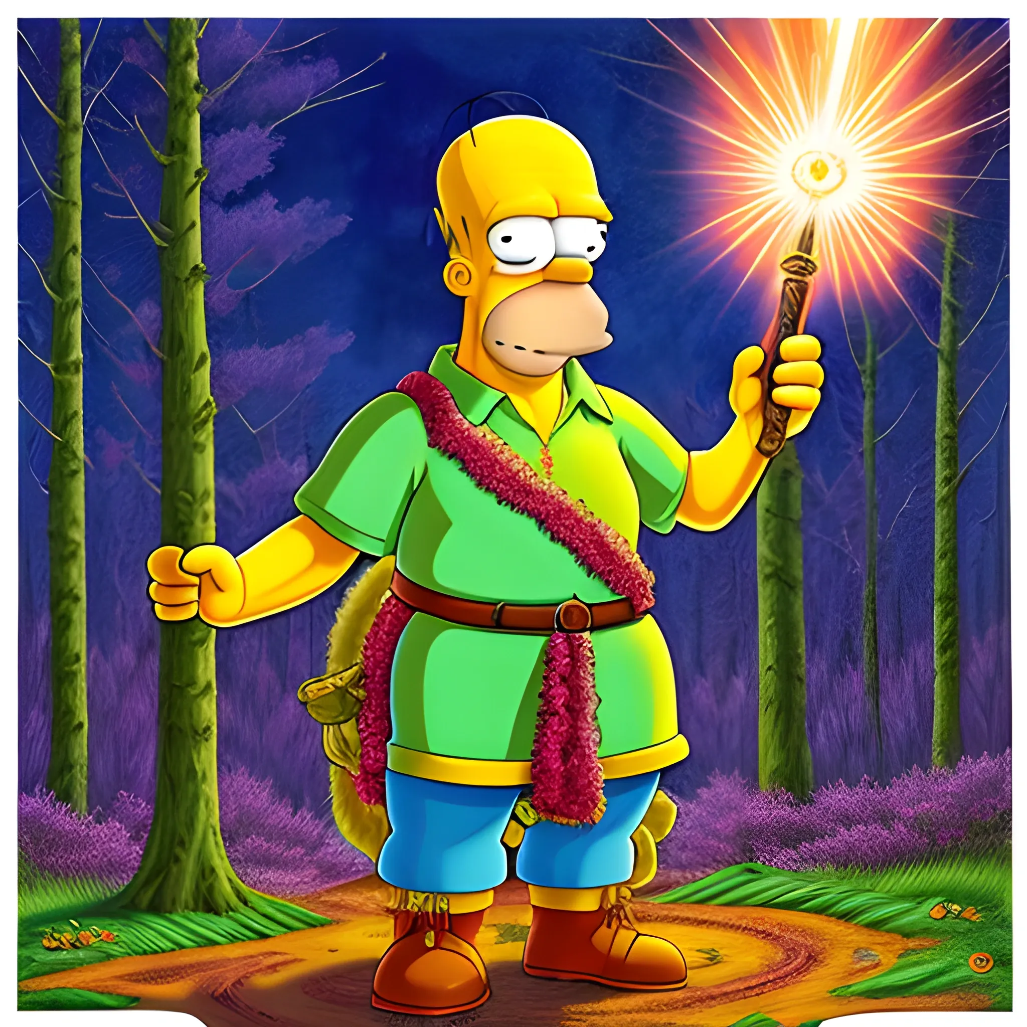 Homer Simpson, standing in the middle of the forrest path, dressed in a hyper detailed sorcerer's outfit, holds a hyper detailed magic wand from which a ray of light emanates, hyper detailed magical background