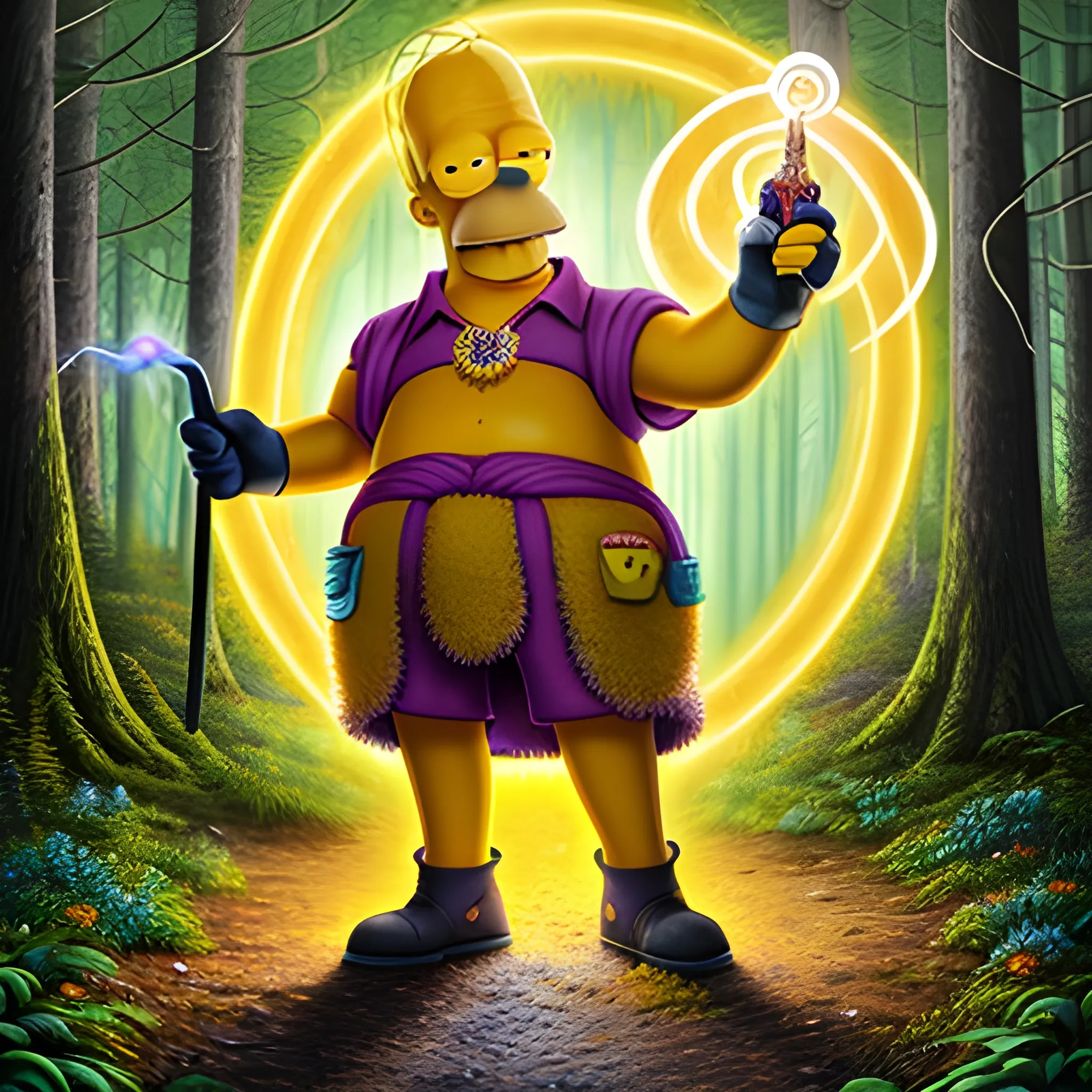 Homer Simpson, standing in the middle of the forrest path, dressed in a hyper detailed sorcerer's outfit, holds a hyper detailed magic wand from which a ray of light emanates, hyper detailed magical background