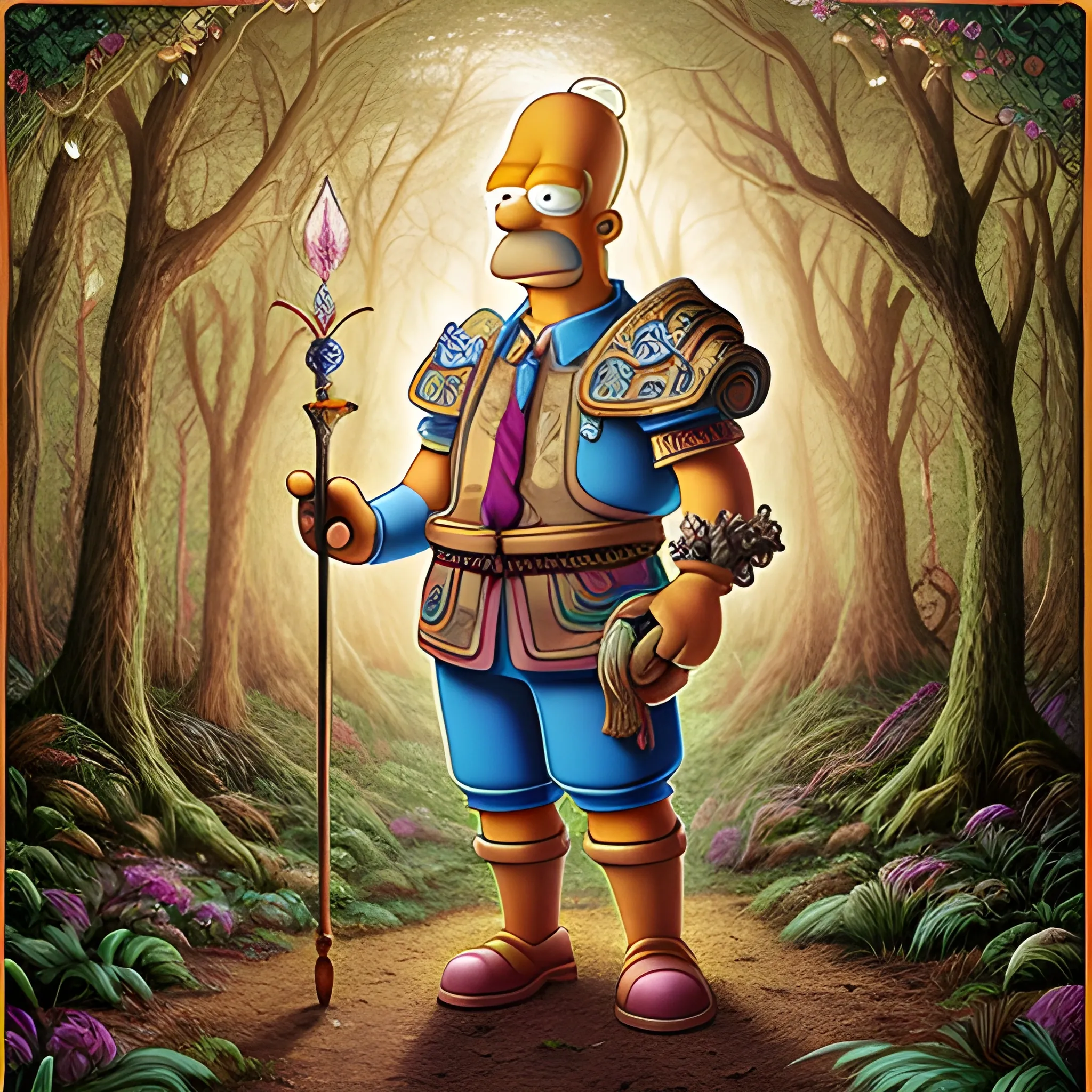 Homer Simpson, standing in the middle of the forrest path, dressed in a hyper detailed sorcerer's outfit, holds a hyper detailed magic wand from which a ray of light emanates, hyper detailed magical background