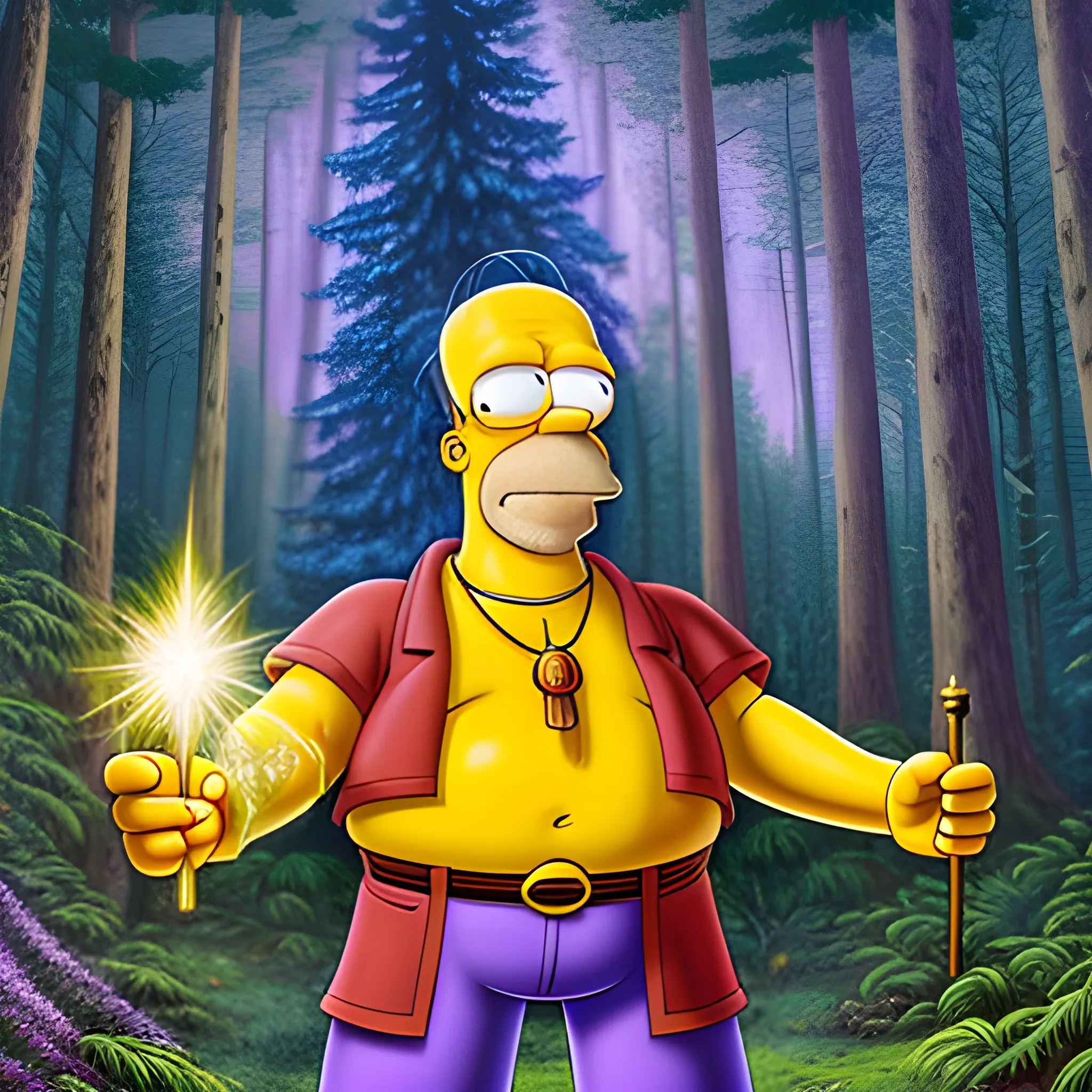 Homer Simpson, standing in the middle of the forrest path, dressed in a hyper detailed sorcerer's outfit, holds a hyper detailed magic wand from which a ray of light emanates, hyper detailed magical background