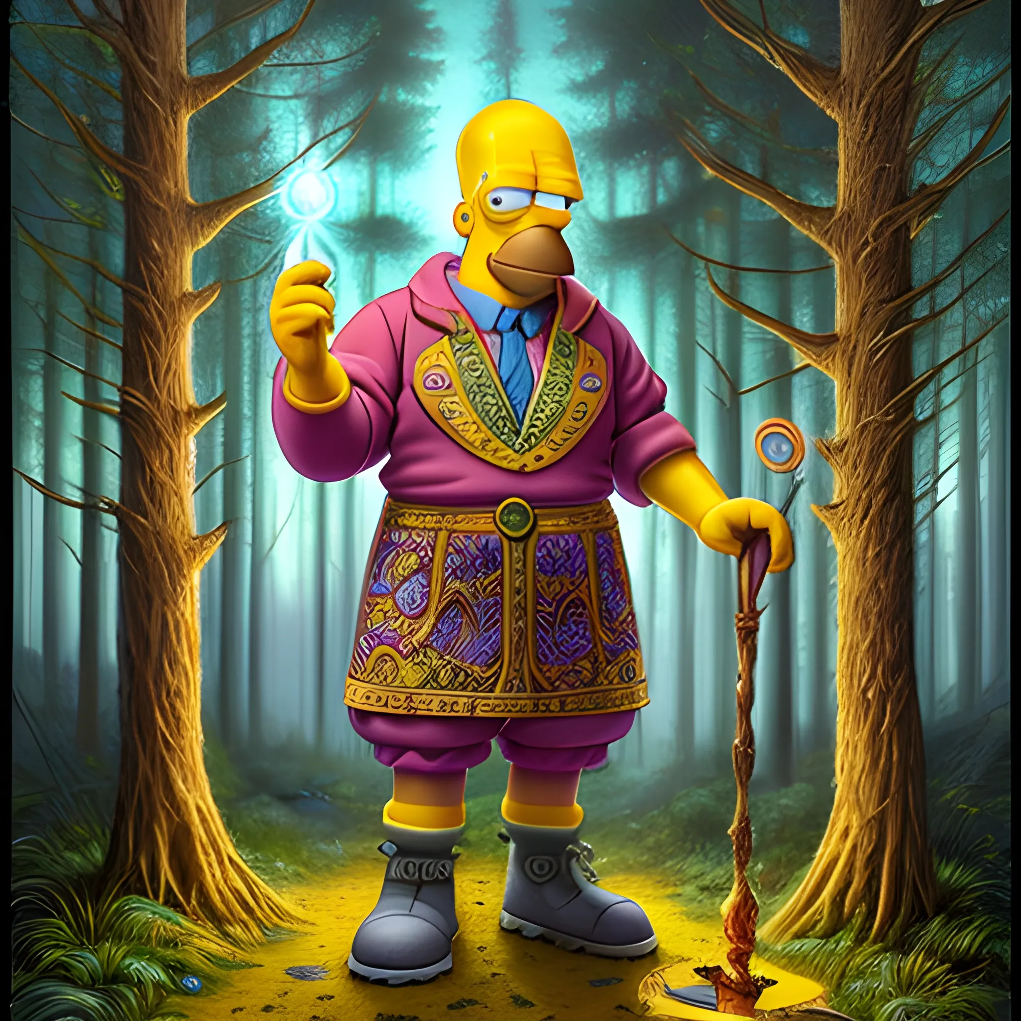 Homer Simpson, standing in the middle of the forrest path, dressed in a hyper detailed sorcerer's outfit, holds a hyper detailed magic wand from which a ray of light emanates, hyper detailed magical background
