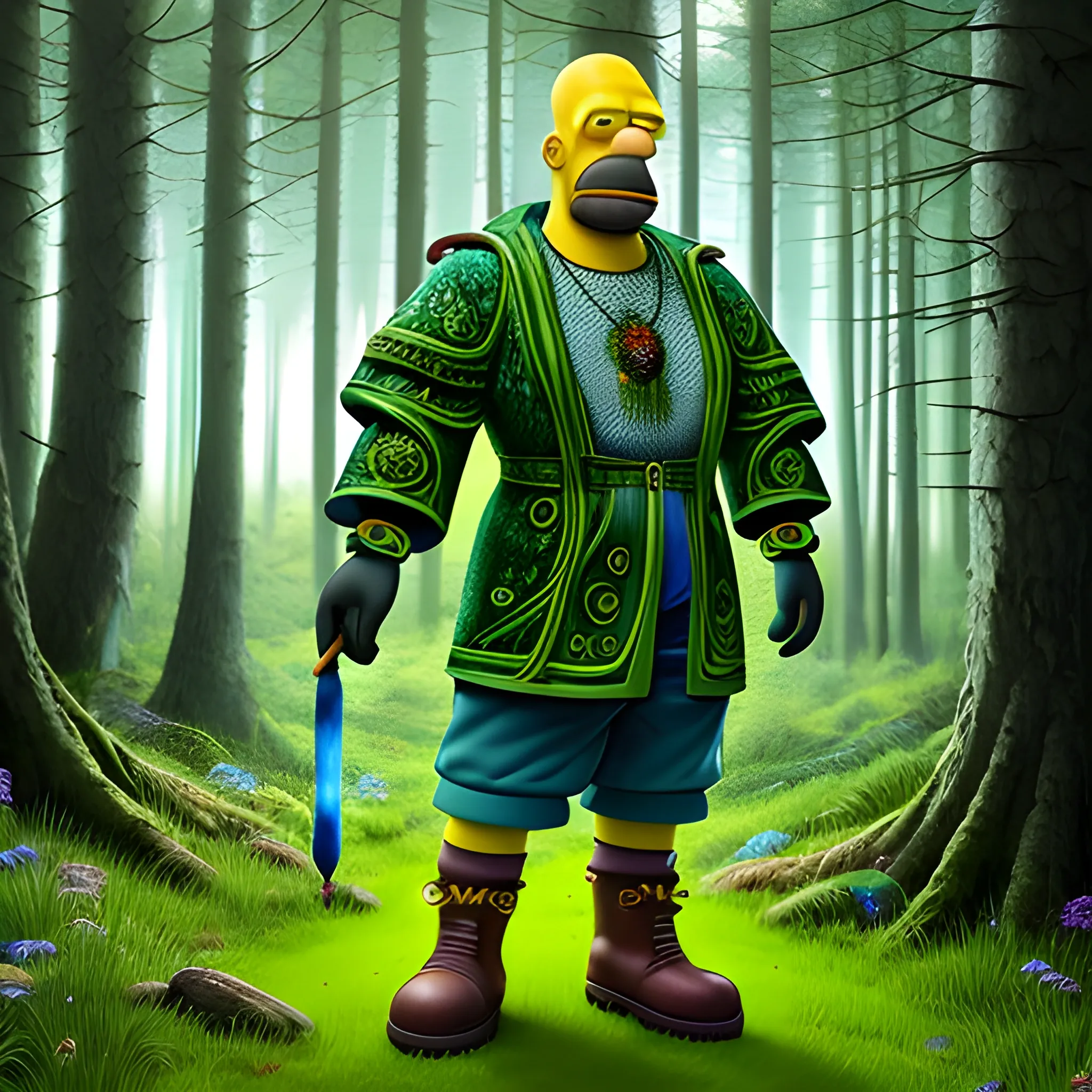 Homer Simpson, standing on a forest path, which is covered with grass and trees at the edges, he is dressed in hyper detailed dark green boots, the hyper detailed clothes of an ancient sorcerer and holds in his hands a hyper detailed magic wand that glows blue, hyper detailed magical background