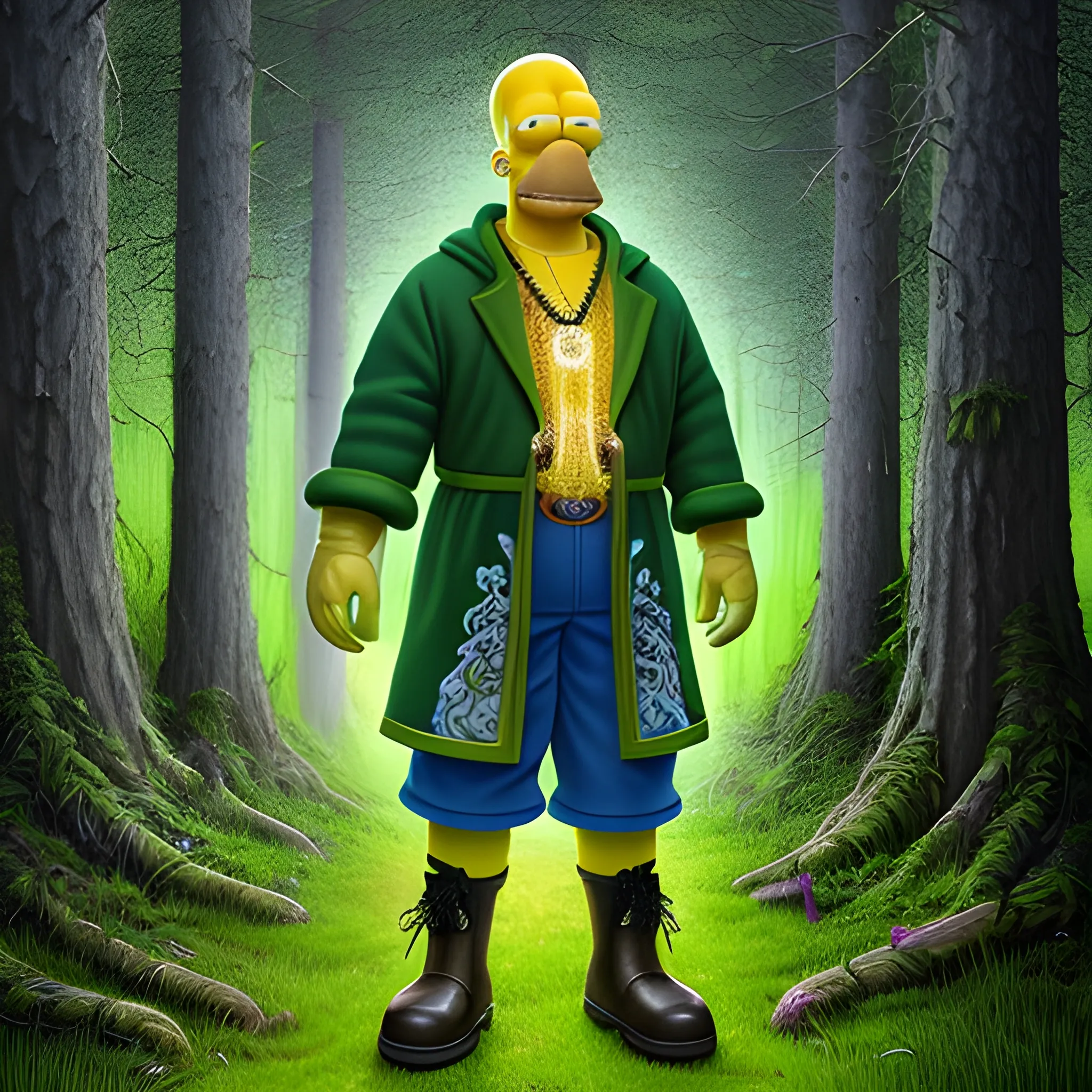 Homer Simpson, standing on a forest path, which is covered with grass and trees at the edges, he is dressed in hyper detailed dark green boots, the hyper detailed clothes of an ancient sorcerer and holds in his hands a hyper detailed magic wand that glows blue, hyper detailed magical background