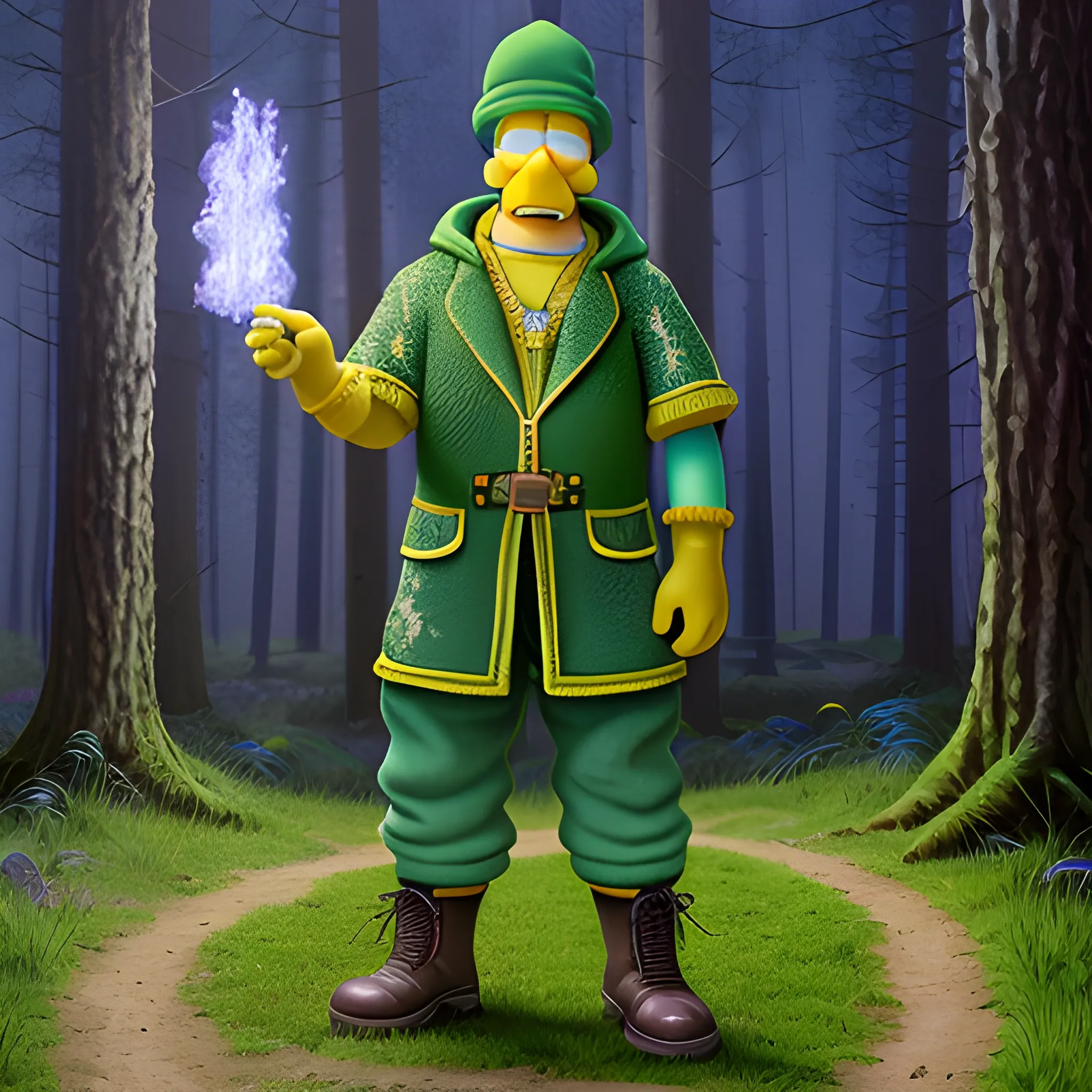 Homer Simpson, standing on a forest path, which is covered with grass and trees at the edges, he is dressed in hyper detailed dark green boots, the hyper detailed clothes and hat of an ancient sorcerer and holds in his hands a hyper detailed magic wand that glows blue, hyper detailed magical background