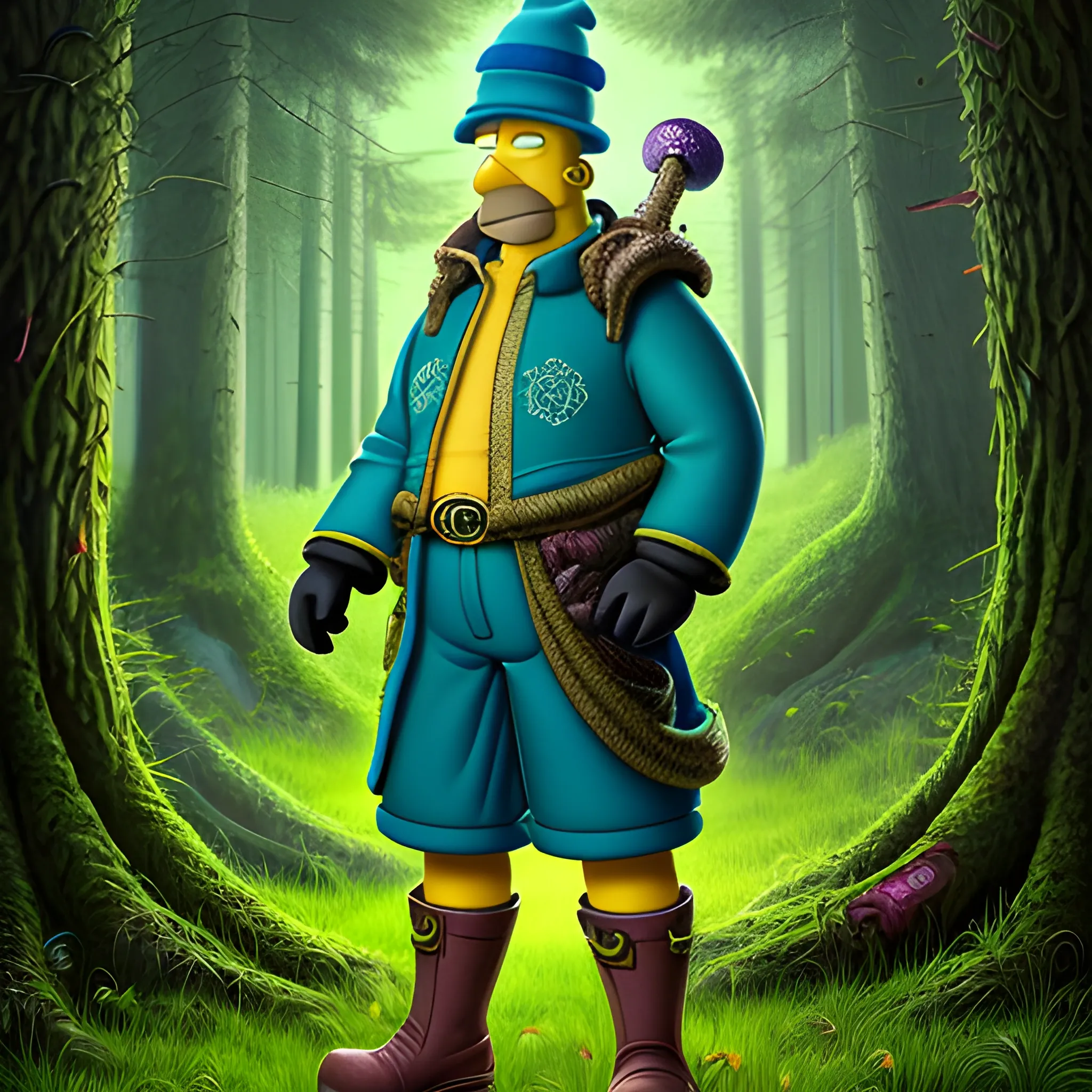 Homer Simpson, standing on a forest path, which is covered with grass and trees at the edges, he is dressed in hyper detailed dark green boots, the hyper detailed clothes and hat of an ancient sorcerer and holds in his hands a hyper detailed magic wand that glows blue, hyper detailed magical background