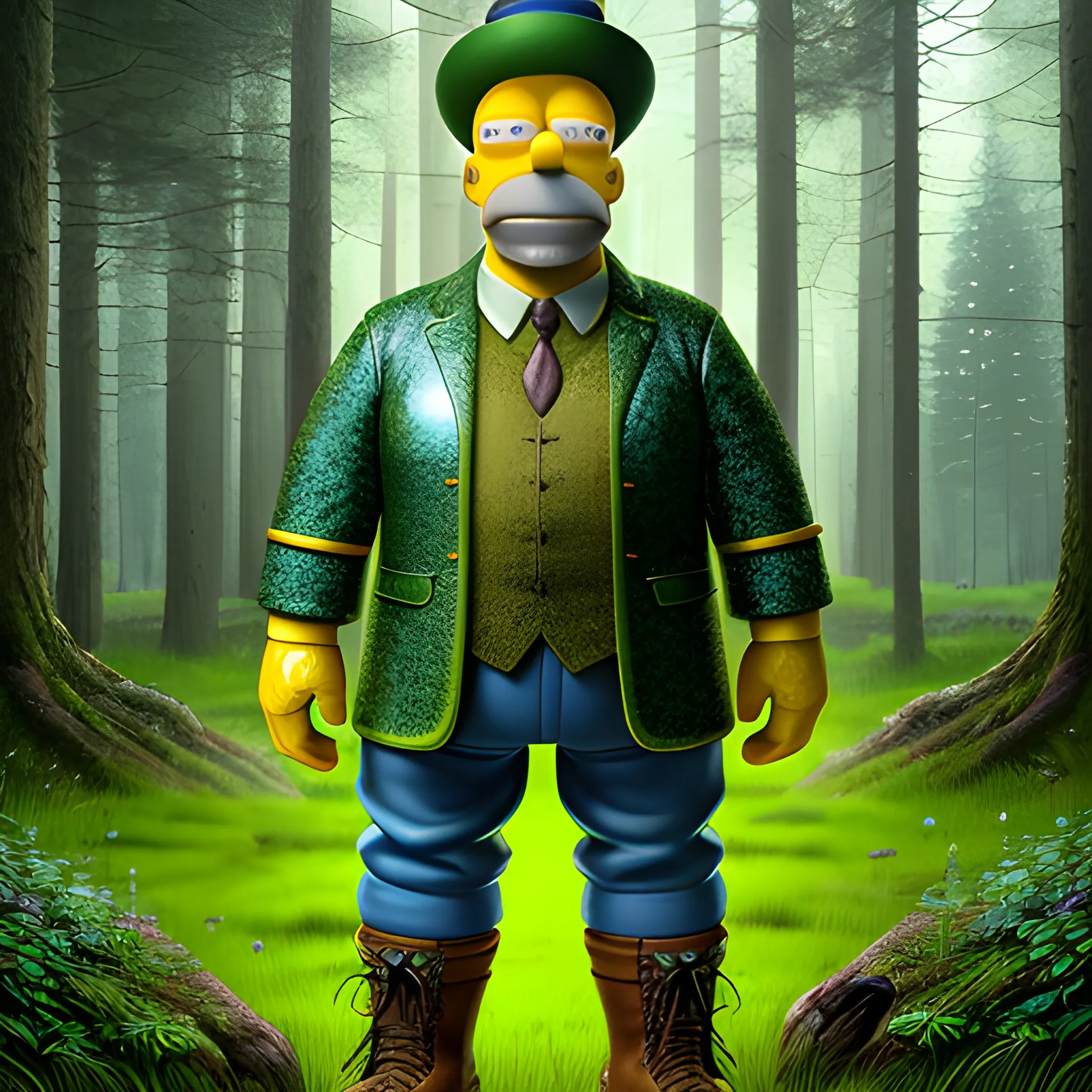 Homer Simpson with hyper detailed face, standing on a forest path, which is covered with grass and trees at the edges, he is dressed in hyper detailed dark green boots, the hyper detailed clothes and hat of an ancient sorcerer and holds in his hands a hyper detailed magic wand that glows blue, hyper detailed magical background