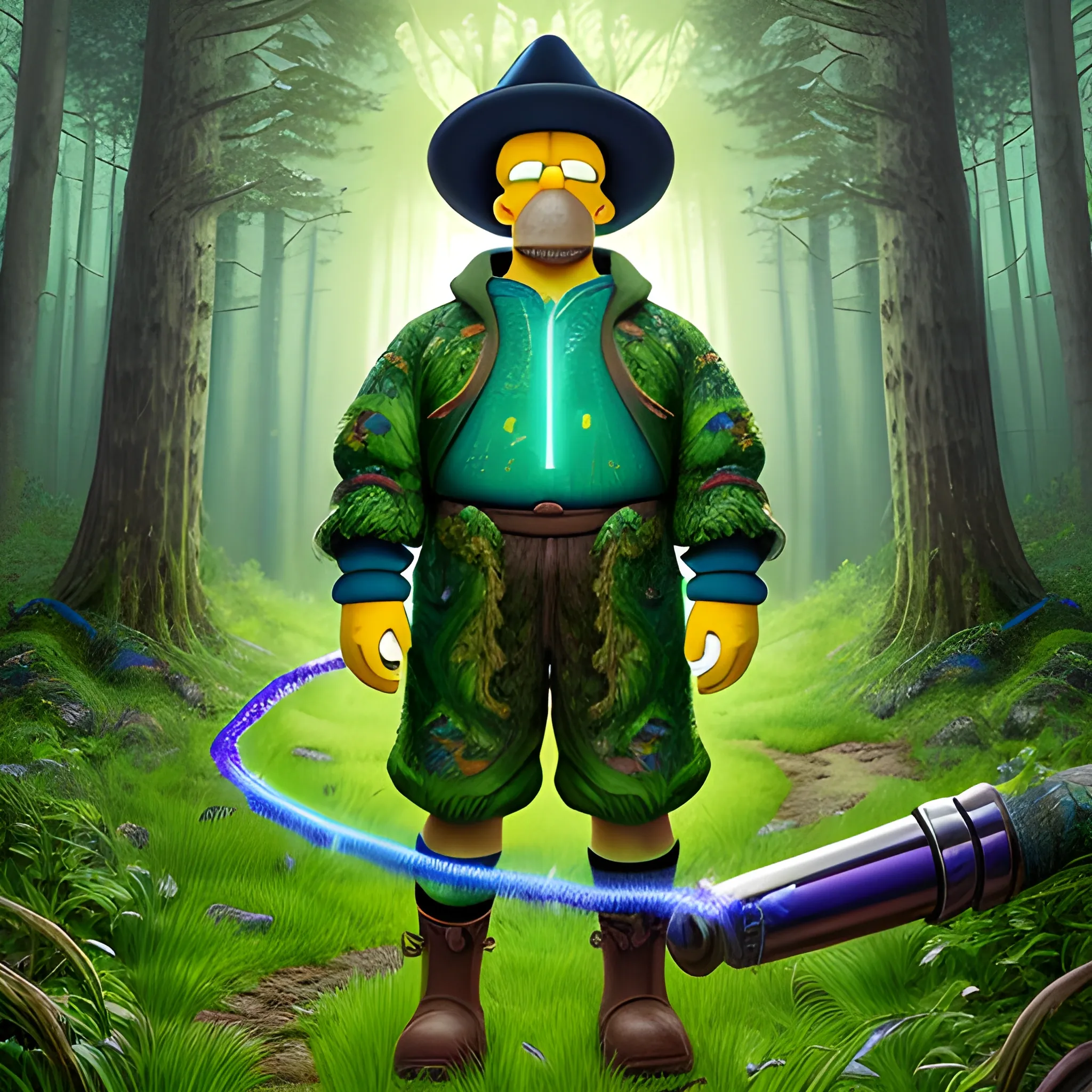 Homer Simpson with hyper detailed face, standing on a forest path, which is covered with grass and trees at the edges, he is dressed in hyper detailed dark green boots, the hyper detailed clothes and hat of an ancient sorcerer and holds in his right hand a hyper detailed magic wand that glows blue, hyper detailed magical background