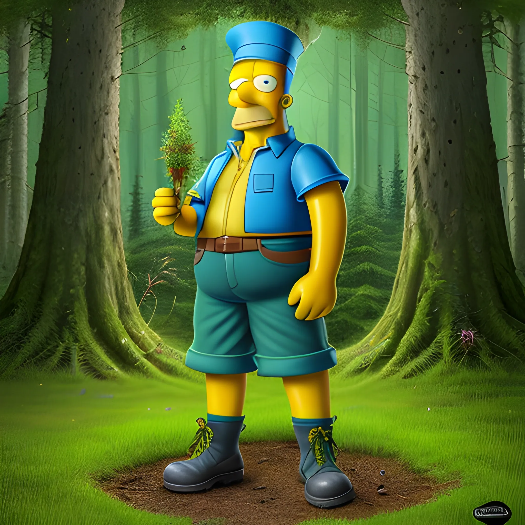 Homer Simpson with hyper detailed face, standing on a forest path, which is covered with grass and trees at the edges, he is dressed in hyper detailed dark green boots, the hyper detailed clothes and hat of an ancient sorcerer and holds in his right hand a hyper detailed magic wand that glows blue, hyper detailed magical background