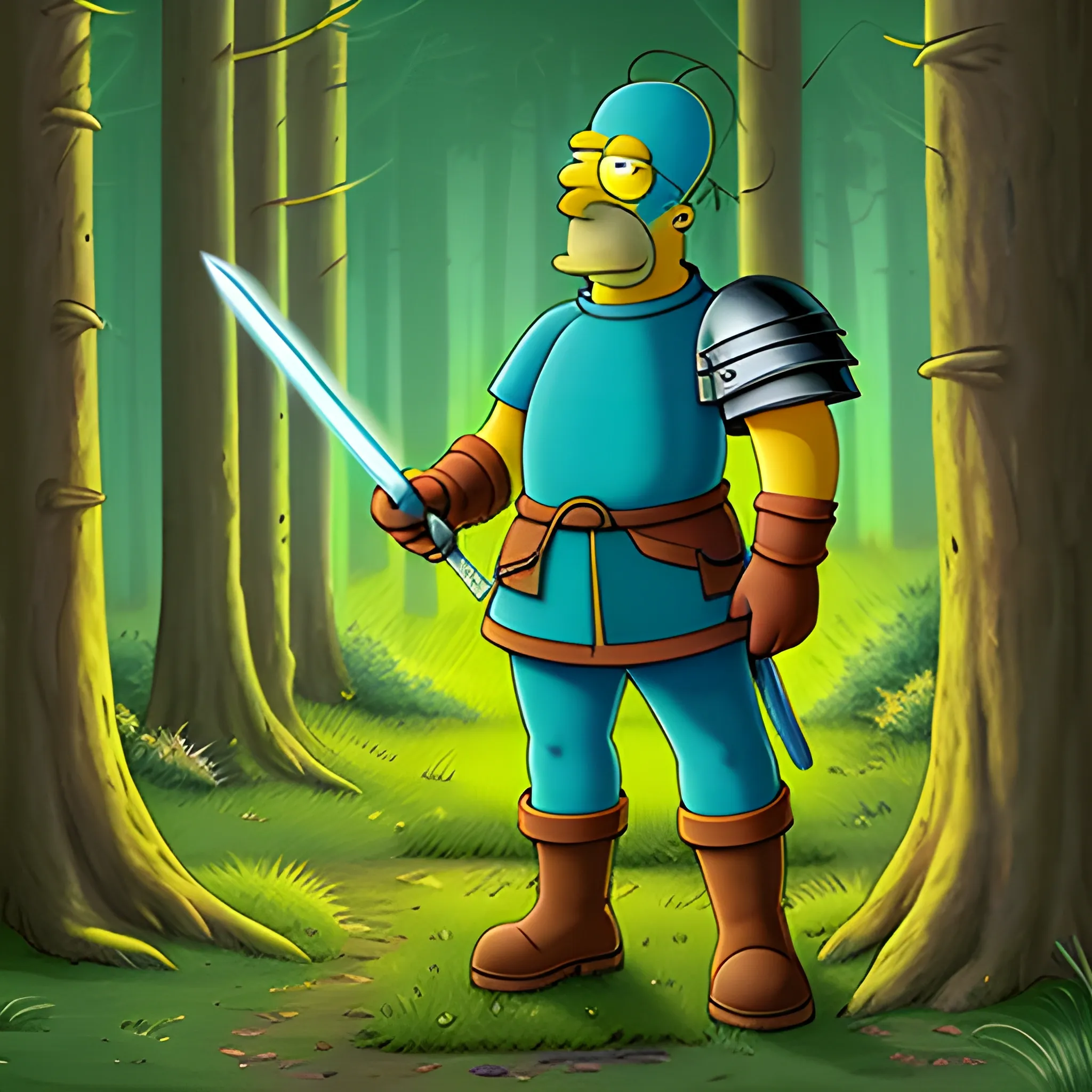 Homer Simpson, standing on a forest path, which is covered with grass and trees at the edges, he is dressed in dark green boots, the clothes of an ancient sorcerer and holds a magic wand that glows with a blue light, fighting with other knight with a sword