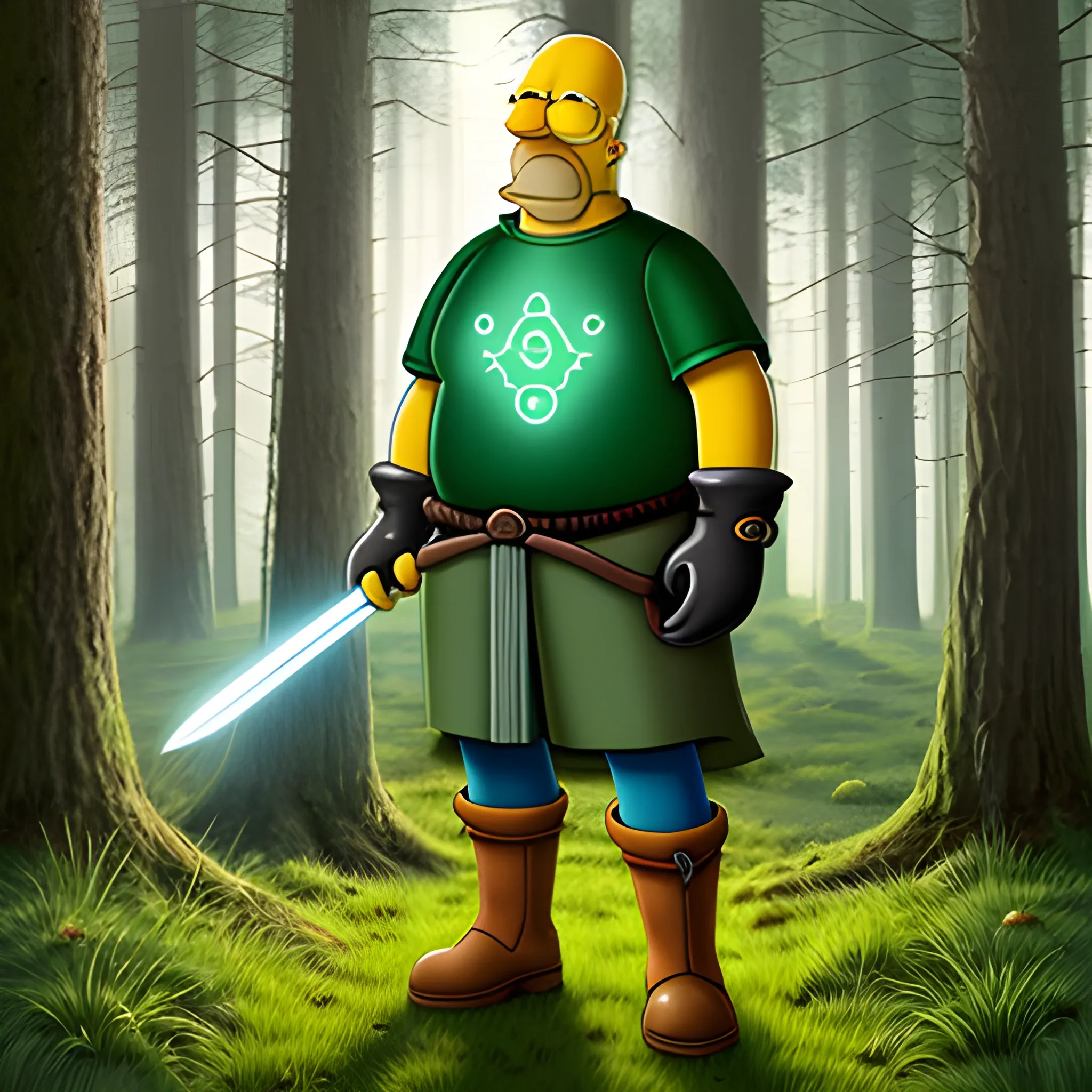 Homer Simpson, standing on a forest path, which is covered with grass and trees at the edges, he is dressed in dark green boots, the clothes of an ancient sorcerer and holds a magic wand that glows with a blue light, fighting with other knight with a sword