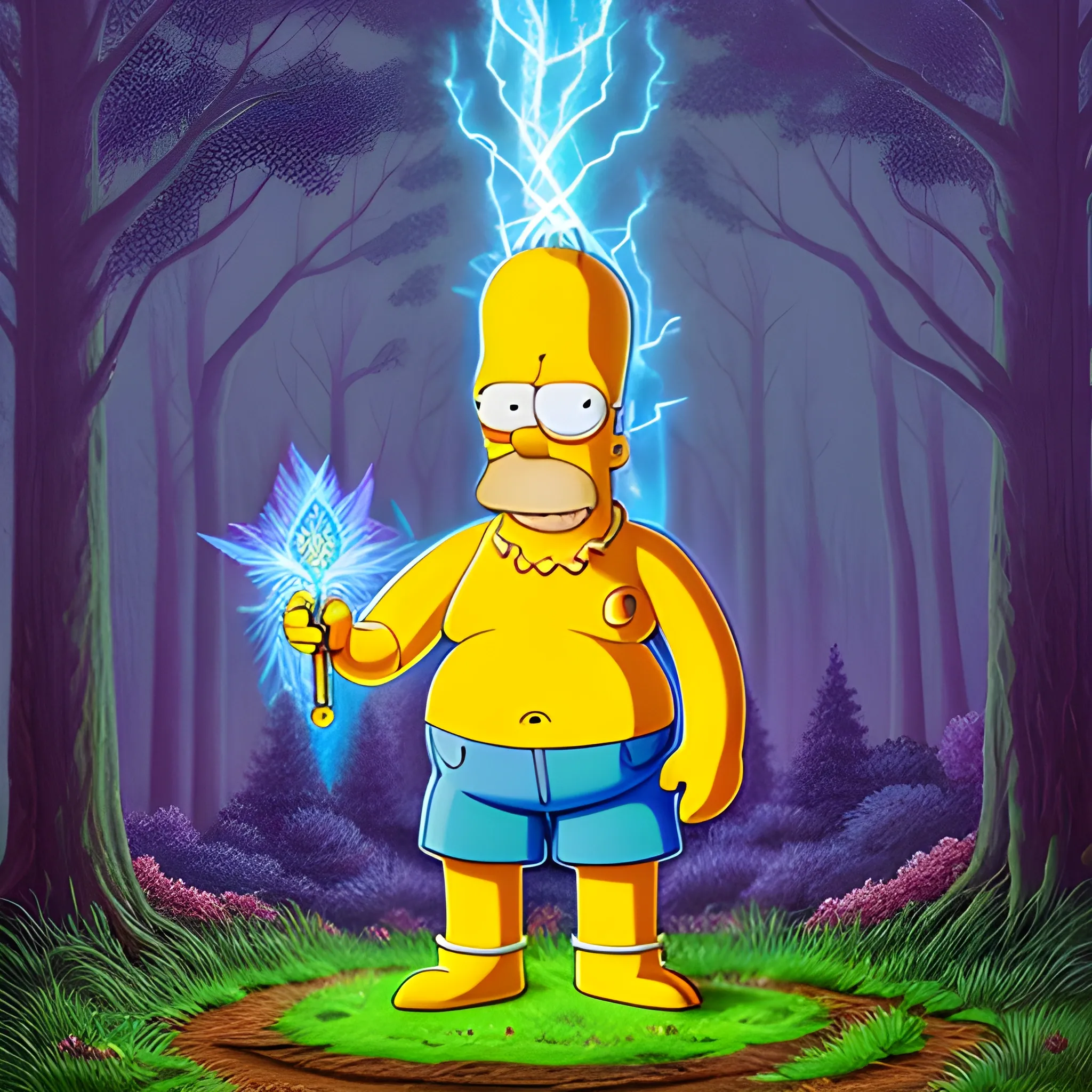 Homer Simpson, standing in the middle of the forrest path, dressed in a hyper detailed sorcerer's outfit; holds a hyper detailed magic wand from which a ray of light emanates, hyper detailed background; The Simpsons cartoon style