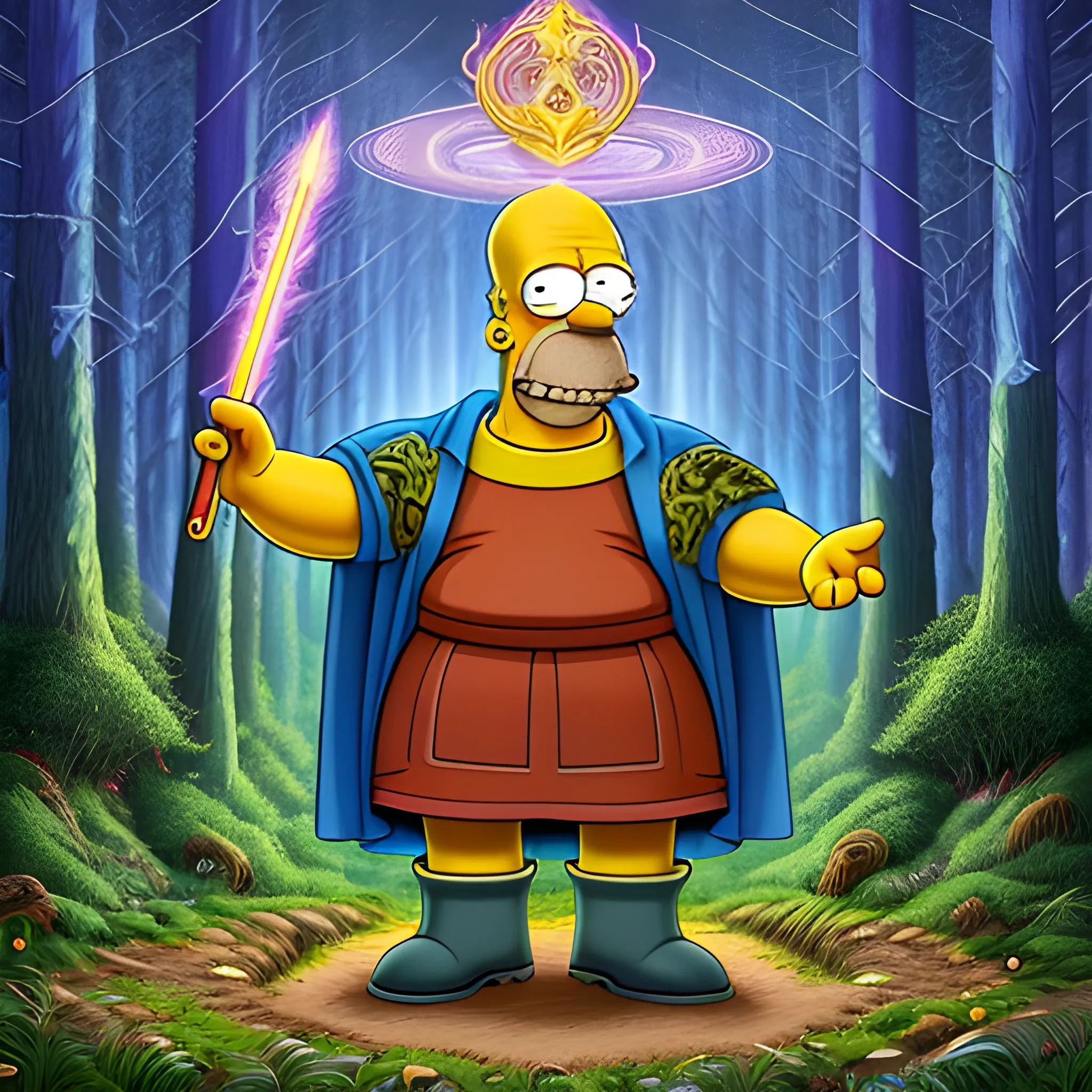 Homer Simpson, standing in the middle of the forrest path, dressed in a hyper detailed sorcerer's outfit; holds a hyper detailed magic wand from which a ray of light emanates, hyper detailed background; The Simpsons cartoon style