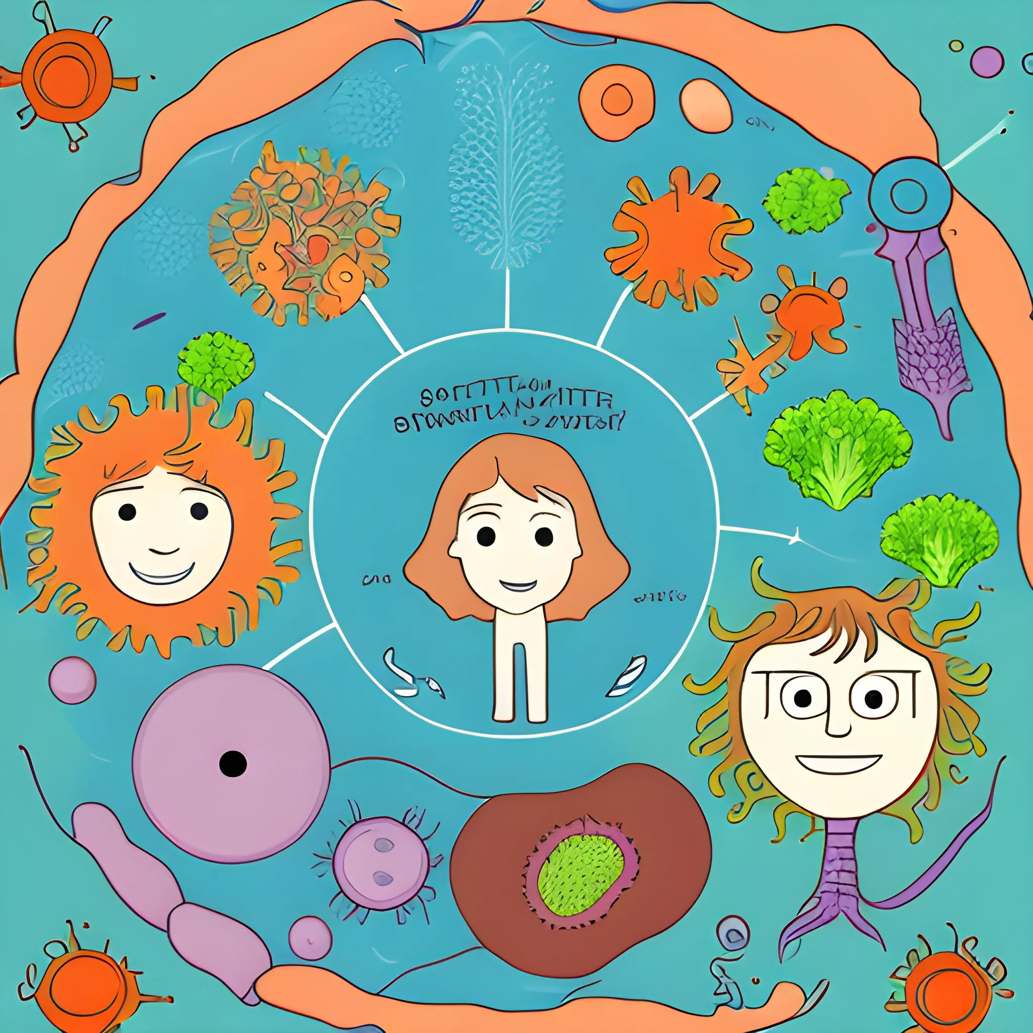 I want to create an image for the cover of my master's thesis project. This project has as its main topic the microbiota and genomic analysis., Cartoon