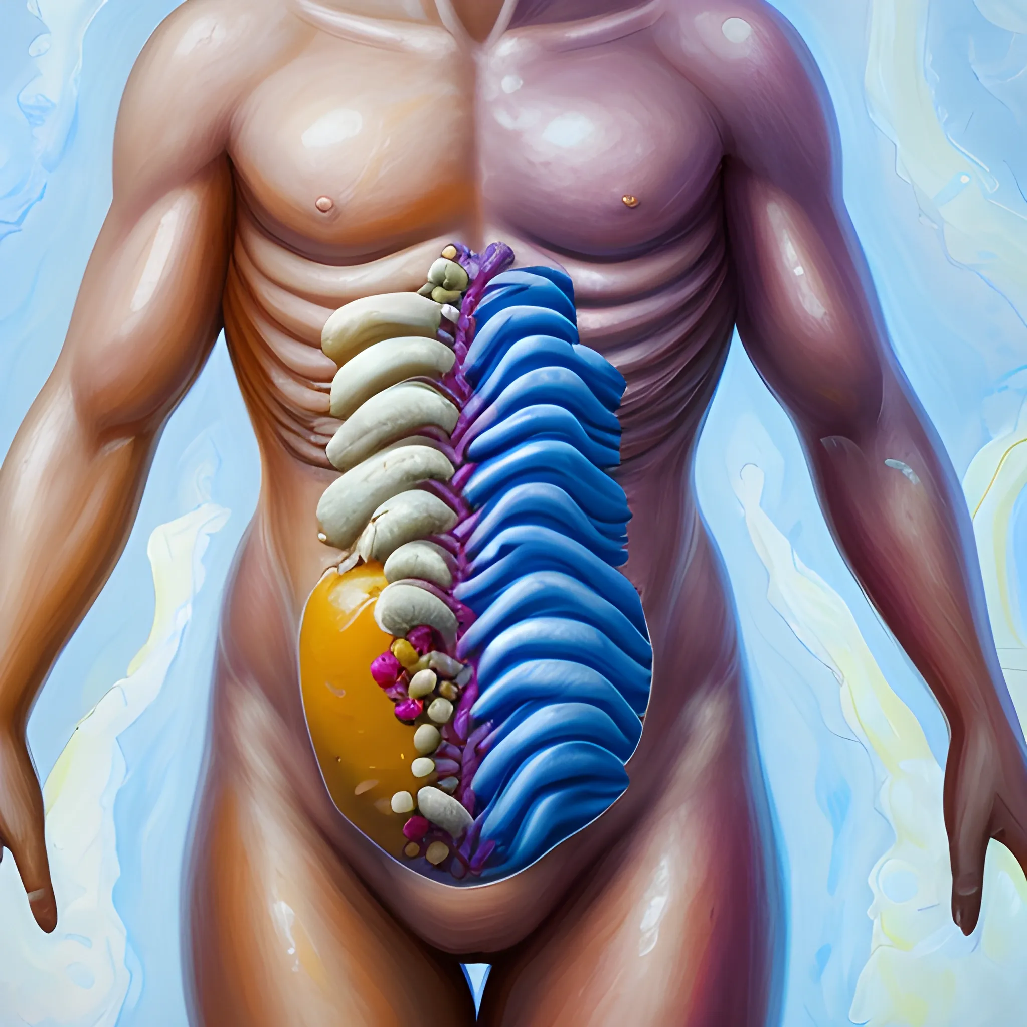 I want to create an image for the cover of my master's thesis project. This project has as its main topic the gut microbiome and genomic analysis., Oil Painting