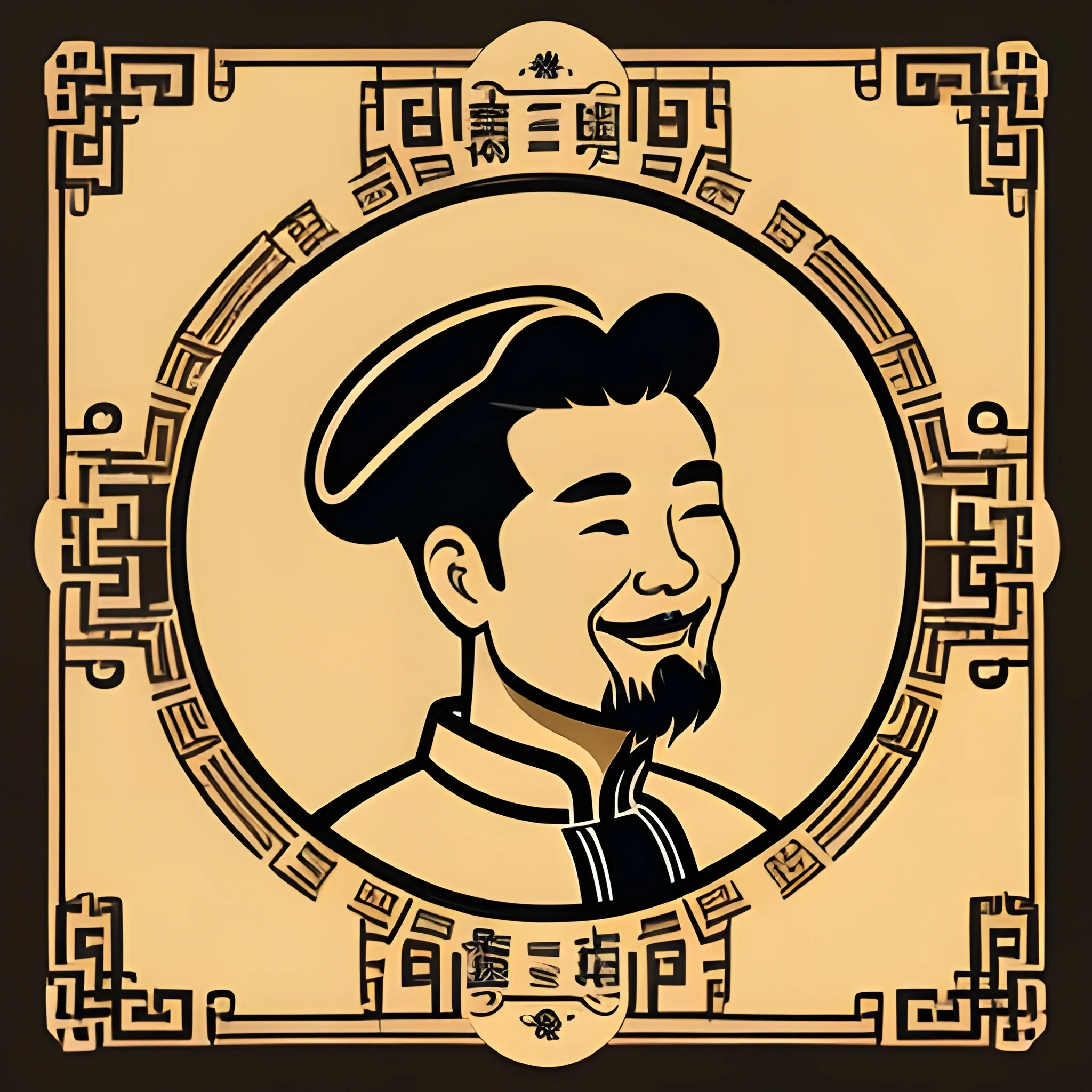 Create a unique and creative logo design for Fong’s Garden. Male chef iconic, wear chef hat, banner text is Fong's Garden place under the logo of head, Black and brown hair, smaile face but no see the teeth. more chinese style overall style. add some food dished around the logo