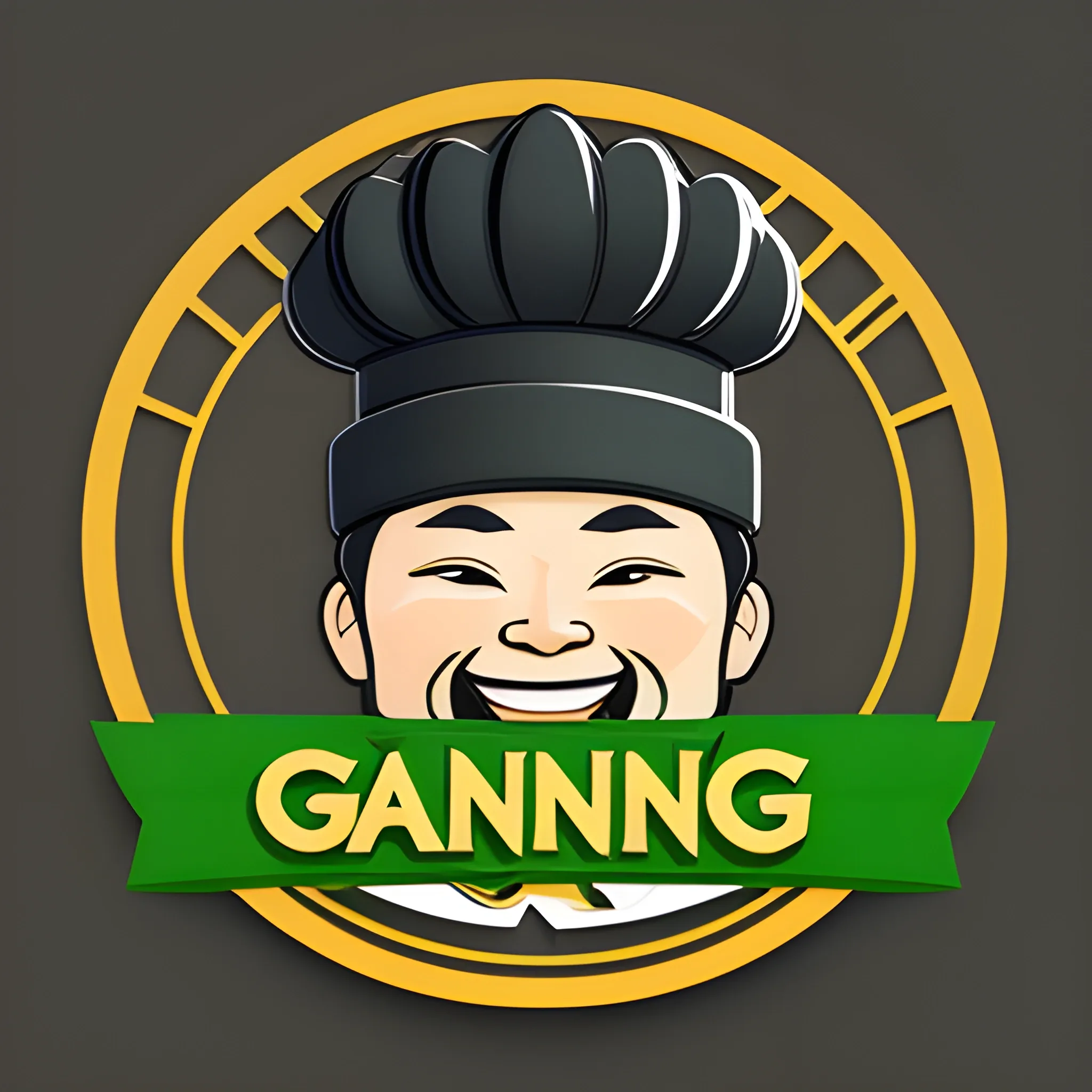 Create a unique and creative logo design for Fong’s Garden. Male chef iconic, wear chef hat, banner text is Fong's Garden place under the logo of head, Black and brown hair, smaile face but no see the teeth. more chinese style overall style. add some food dished around the logo, 3D, Cartoon, Cartoon