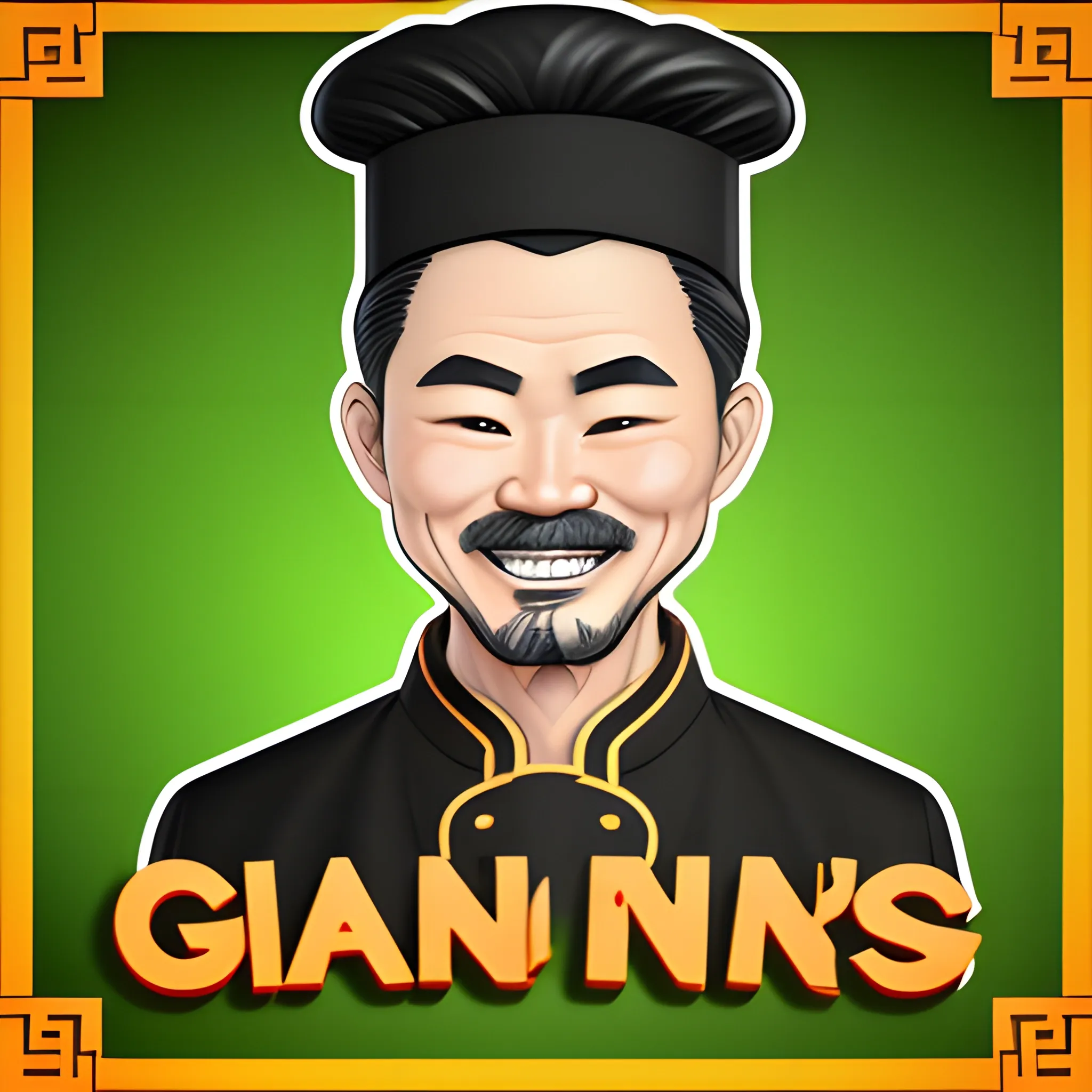 Create a unique and creative logo design for Fong’s Garden. Male chef iconic, wear chef hat, banner text is Fong's Garden place under the logo of head, Black and brown hair, smaile face but no see the teeth. more chinese style overall style. add some food dished around the logo, 3D, Cartoon, Cartoon, 3D