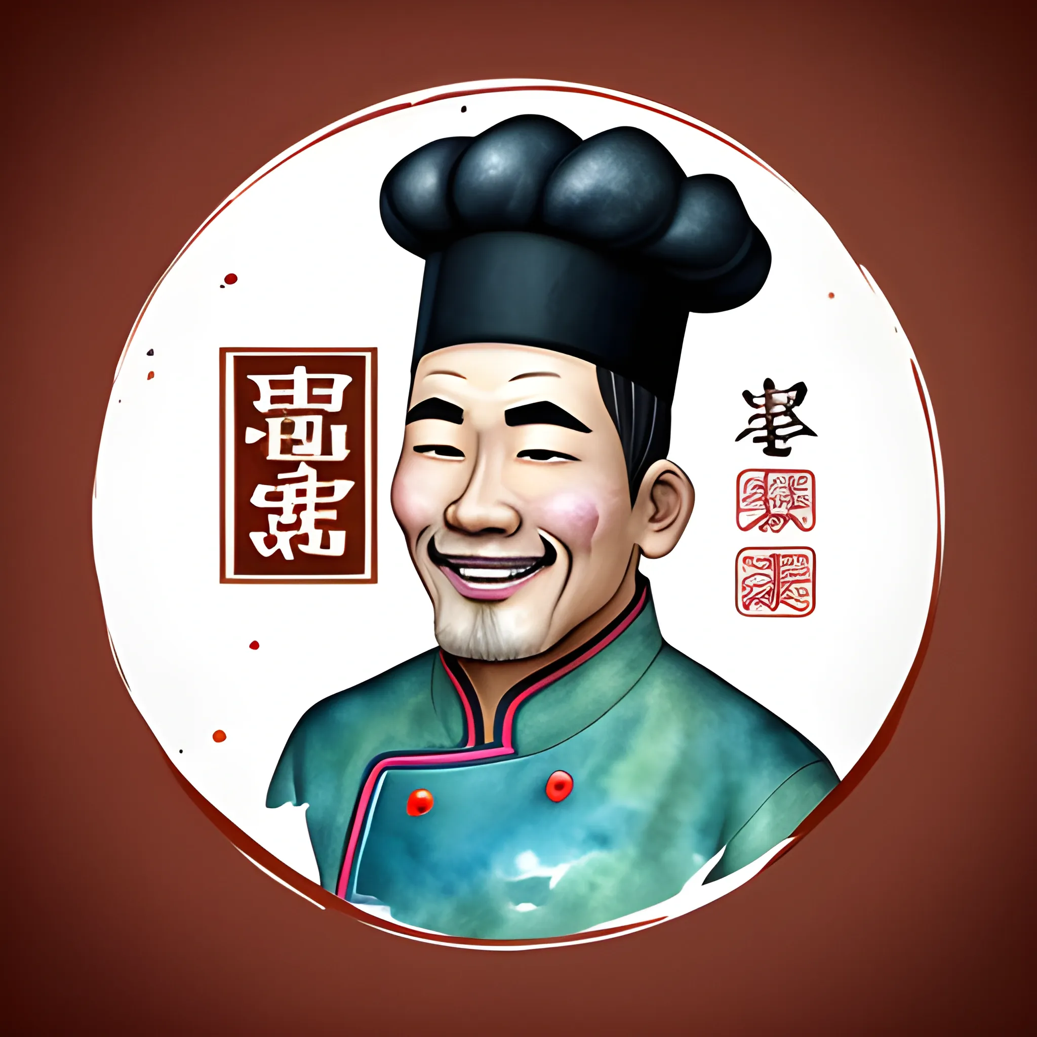 Create a unique and creative logo design for Fong’s Garden. Male chef iconic, wear chef hat, banner text is Fong's Garden place under the logo of head, Black and brown hair, smaile face but no see the teeth. more chinese style overall style. add some food dished around the logo, 3D, Cartoon, Cartoon, 3D, Water Color