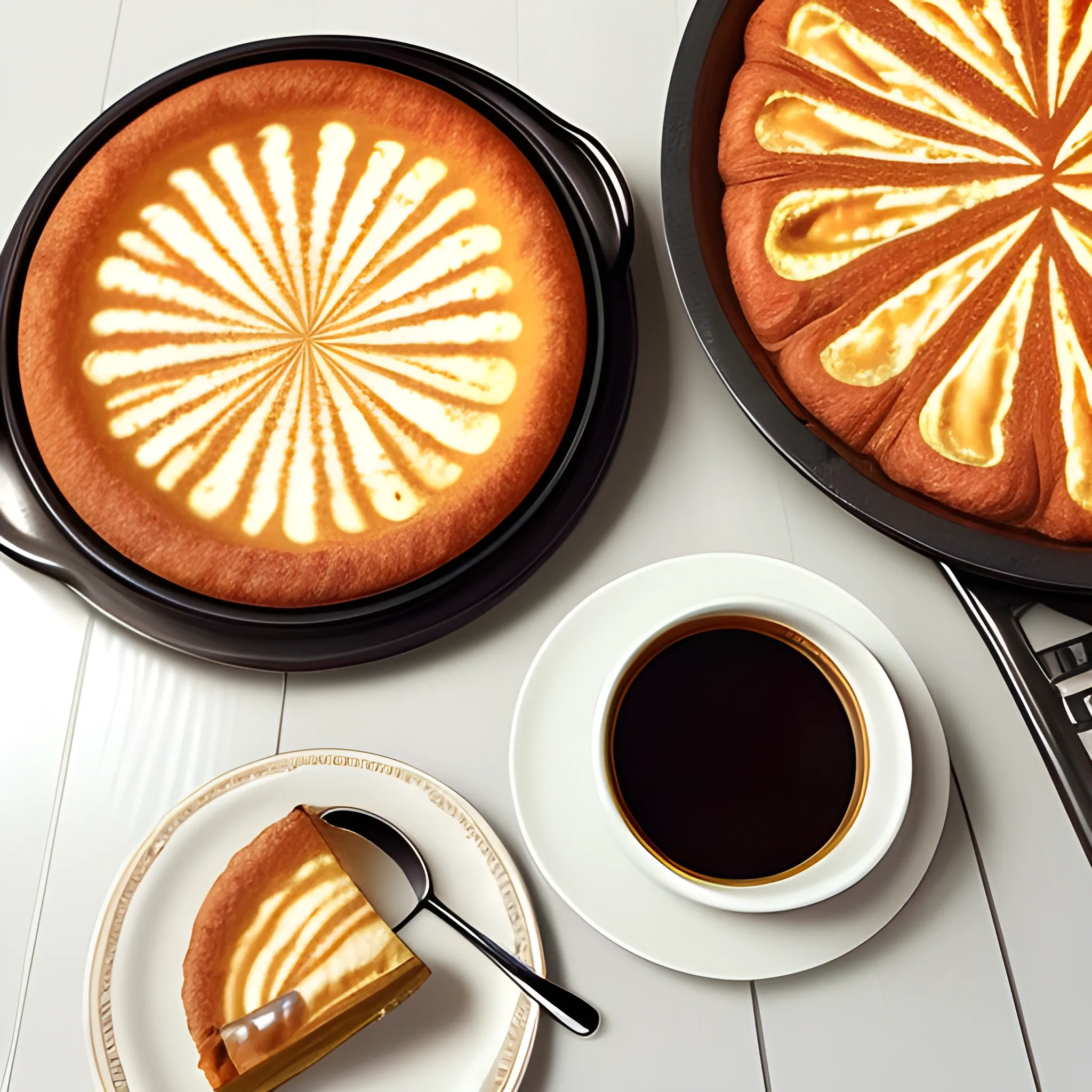 On the table in the cozy kitchen is a plate with cottage cheese casserole. The casserole is golden brown, with an appetizing crust. In the center of the plate is a large spoon, with which you can cut off a piece. Next to the casserole is a cup of hot coffee. The coffee is dark, with a thick crema. The aroma of fresh pastries and coffee is in the air., 3D