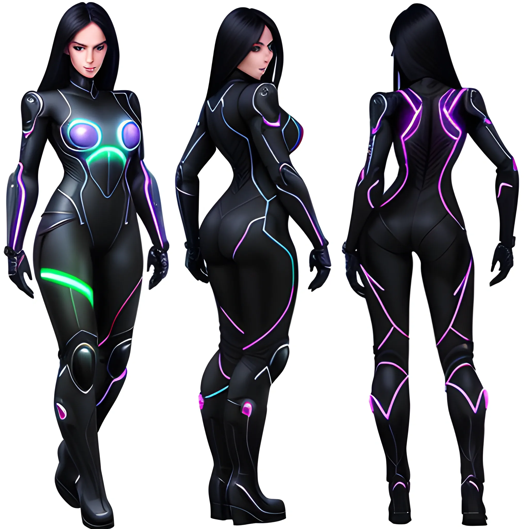 Photorealistic girl, black tech suit with neon lights, long hair, direct light, boots, indirect light and back light, different angles, katana, ninja, full body, Pencil Sketch