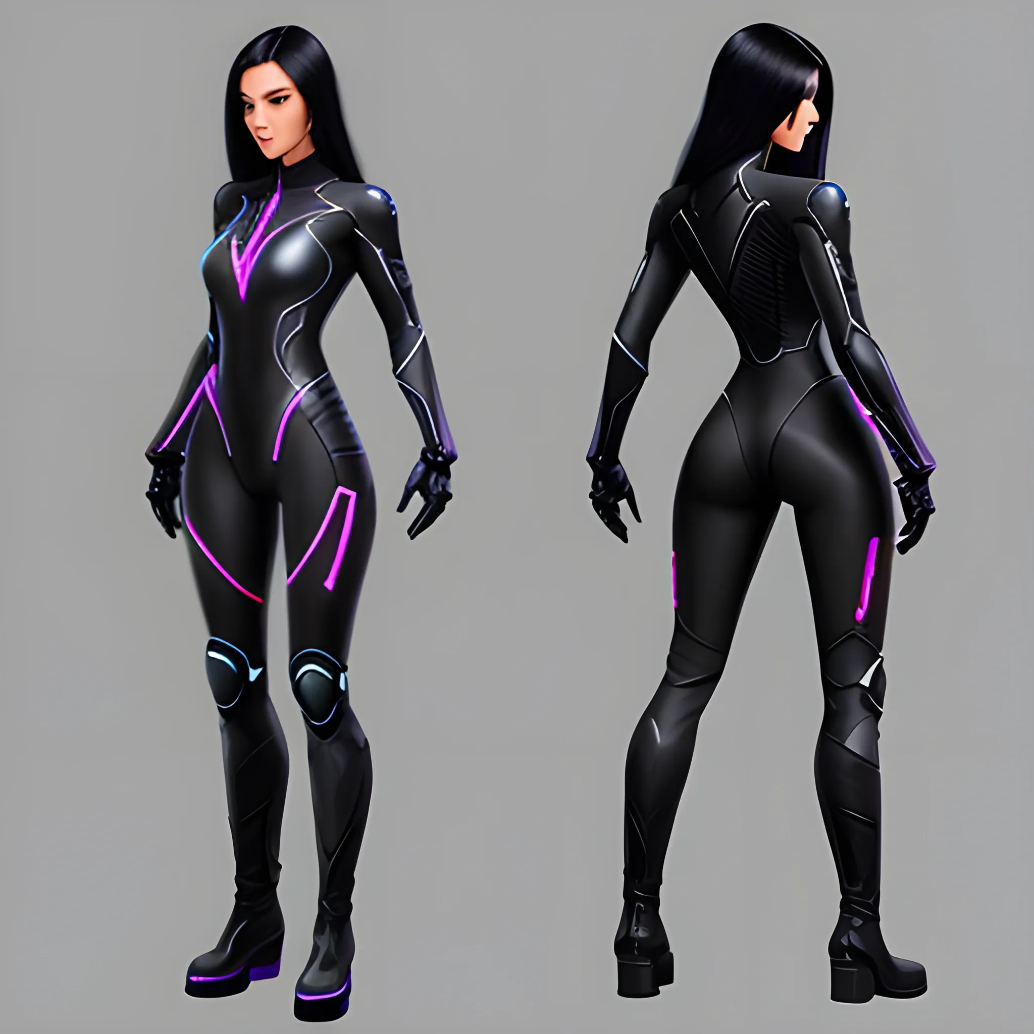 Photorealistic girl, black tech suit with neon lights, long hair, direct light, boots, skinny, indirect light and back light, different angles, katana, ninja, full body, Pencil Sketch