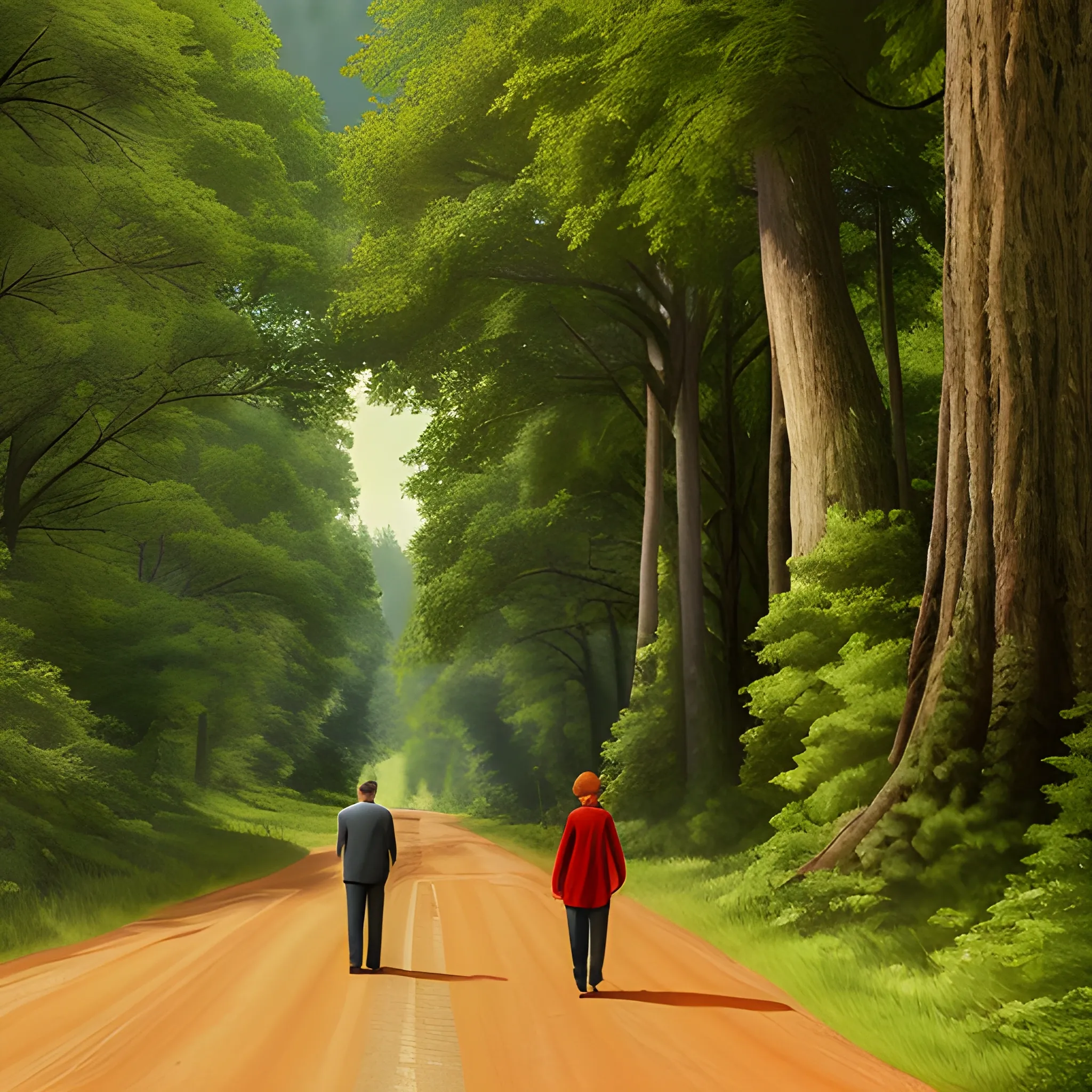 Landscape of a forest with large cedar trees. The leaves are lush green. There is a dirt road going down the middle with trees on either side. There are two figures walking down the road, backs facing the camera. One figure is a man with red hair and simple garb, the other is a woman with long brown hair and a plain dress. High quality. Realistic.
