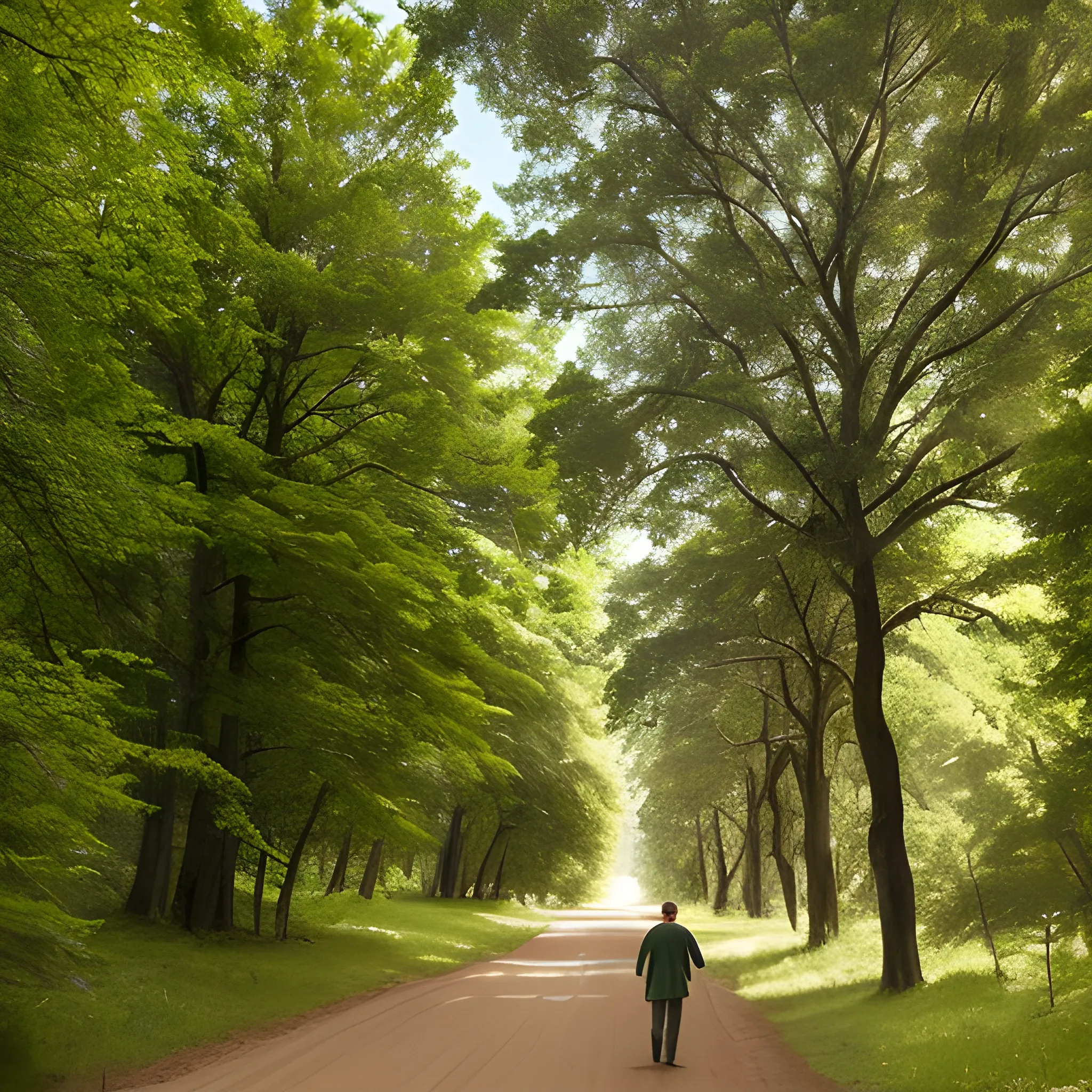 Landscape of a forest with large cedar trees. The leaves are lush green. There is a dirt road going down the middle with trees on either side. There are two figures walking down the road, backs facing the camera. One figure is a man with red hair and simple medieval garb and a pack on his back, the other is a woman with long brown hair and a plain white dress. High quality. Realistic. Medieval times. 