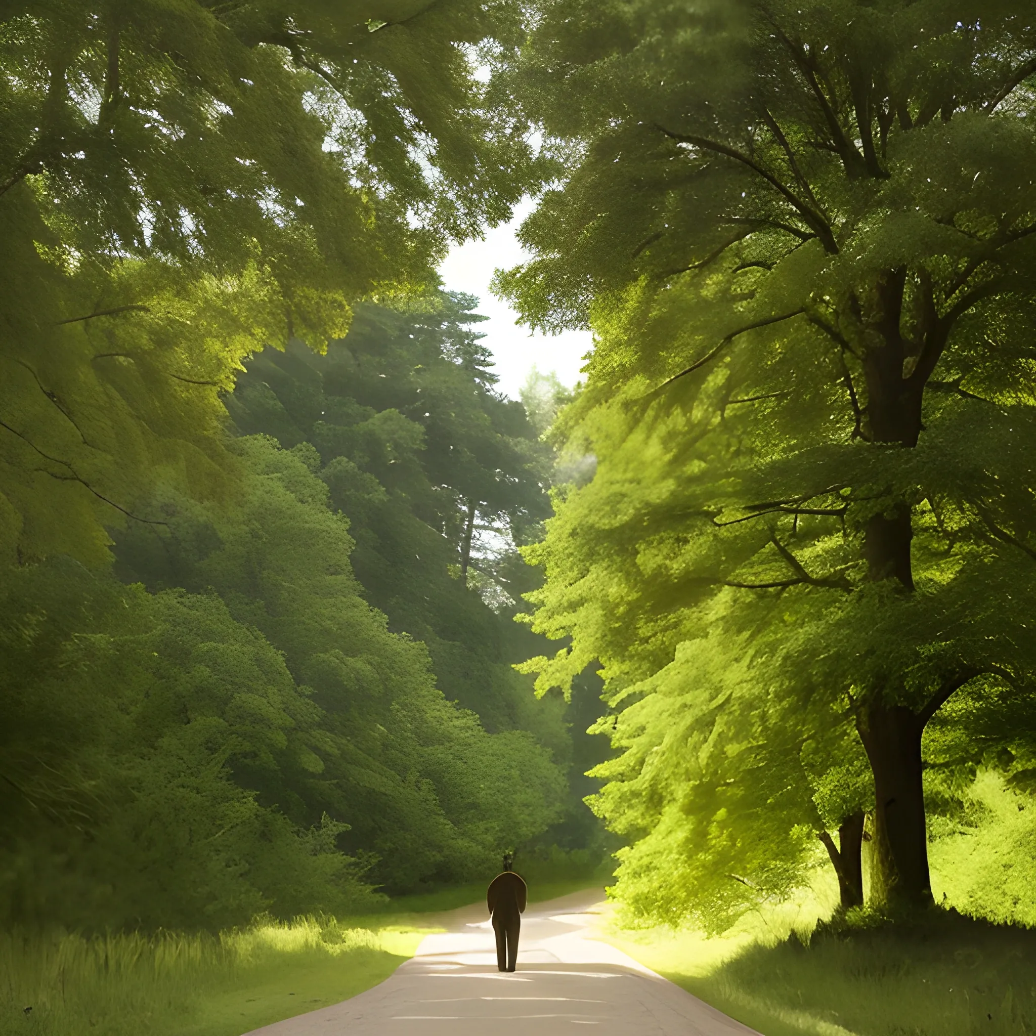 Landscape of a forest with large cedar trees. The leaves are lush green. There is a dirt road going down the middle with trees on either side. There are two figures walking down the road, backs facing the camera. One figure is a man with red hair and simple medieval garb and a pack on his back. The other figure is a woman with long brown hair and a plain white dress. High quality. Realistic. Medieval times. 