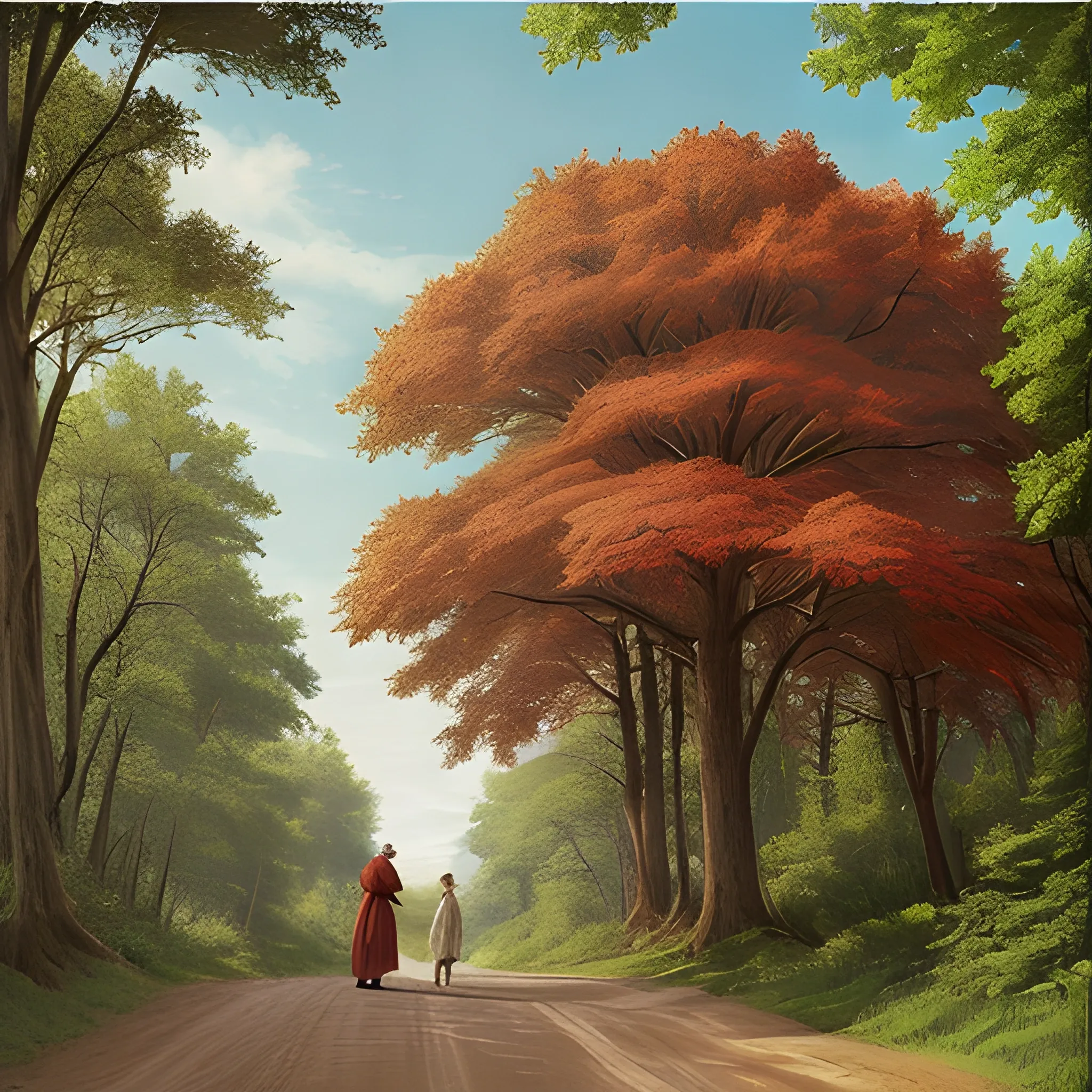 Landscape of a forest with large cedar trees. The leaves are lush green. There is a dirt road going down the middle with trees on either side. There are two figures walking down the road, backs facing the camera. One figure is a man with red hair and simple medieval garb. The other figure is a woman with long brown hair and a plain white dress. High quality. Realistic. Medieval times. 