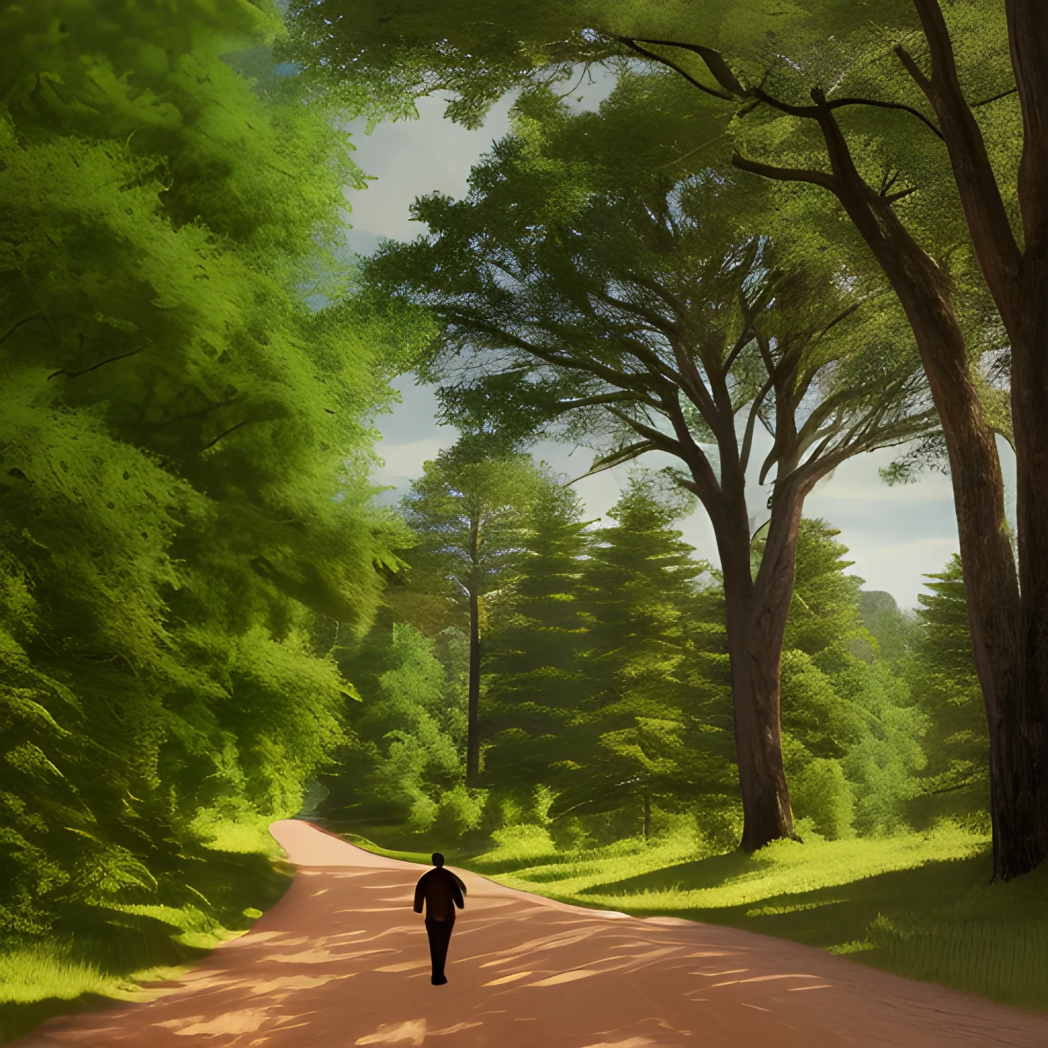 Landscape of a forest with large cedar trees. The leaves are lush green. There is a dirt road going down the middle with trees on either side. There are two figures walking down the road, backs facing the camera. One figure is a man that has red hair and simple medieval garb. The other figure is a woman with long brown hair and a plain white dress. High quality. Realistic. Medieval times. 