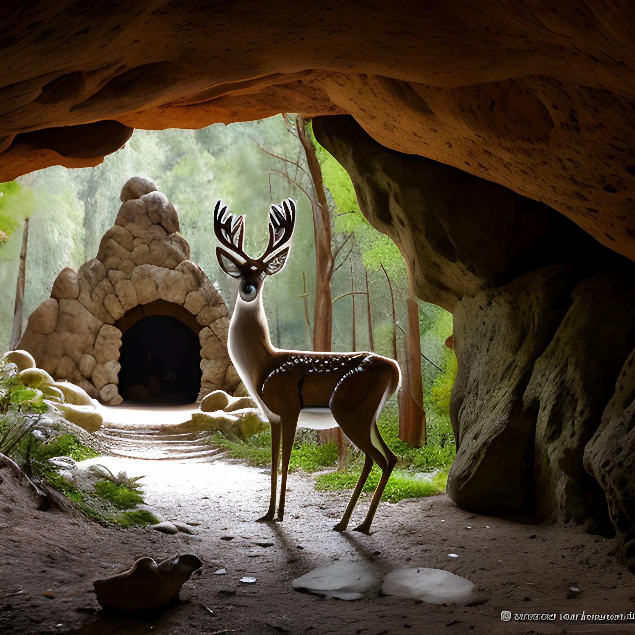 venado en la entrada de una cueva en un bosque de pinos
