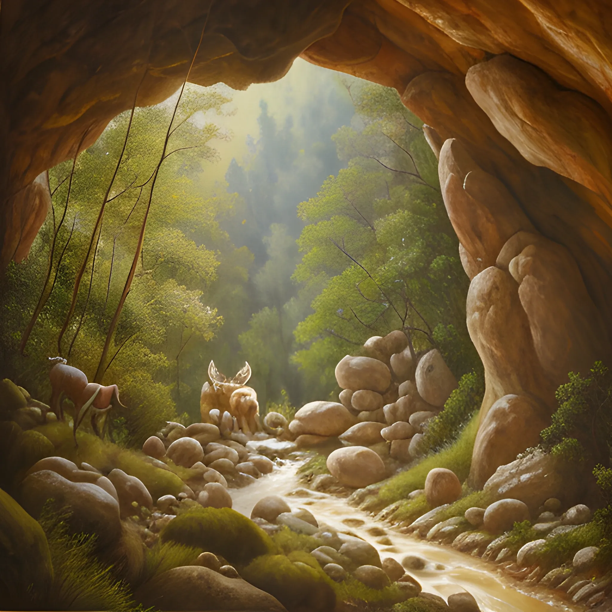 venado en la entrada de una cueva, viendo la cueva desde la salida en un bosque de pinos
, Oil Painting