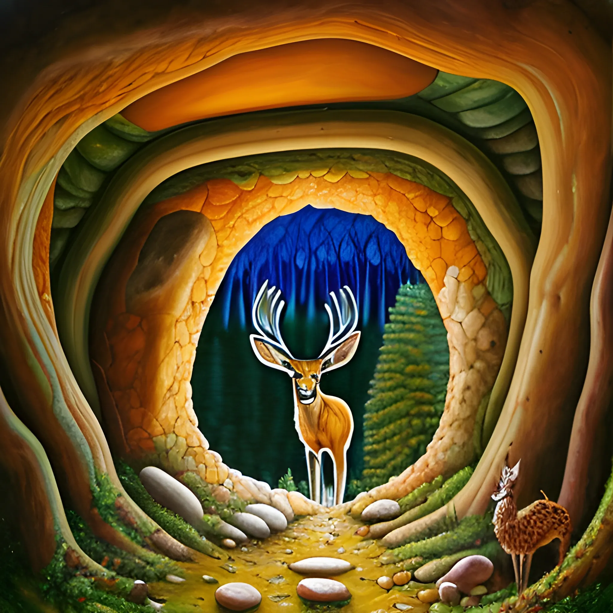 venado en la entrada de una cueva, viendo la cueva desde la salida en un bosque de pinos
, Oil Painting, Trippy