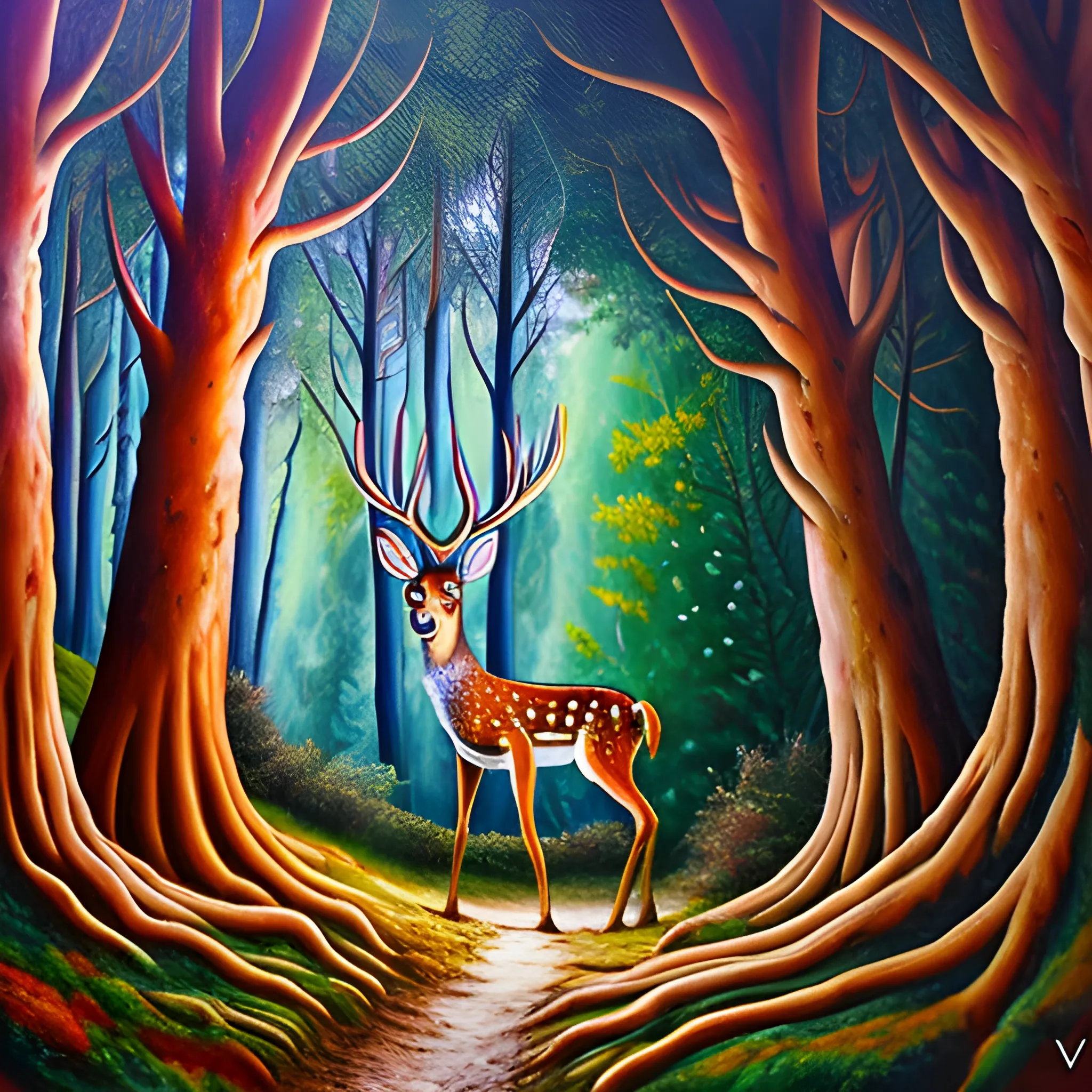 venado en la entrada de una cueva,  en un bosque de pinos
, Oil Painting, Trippy, Oil Painting