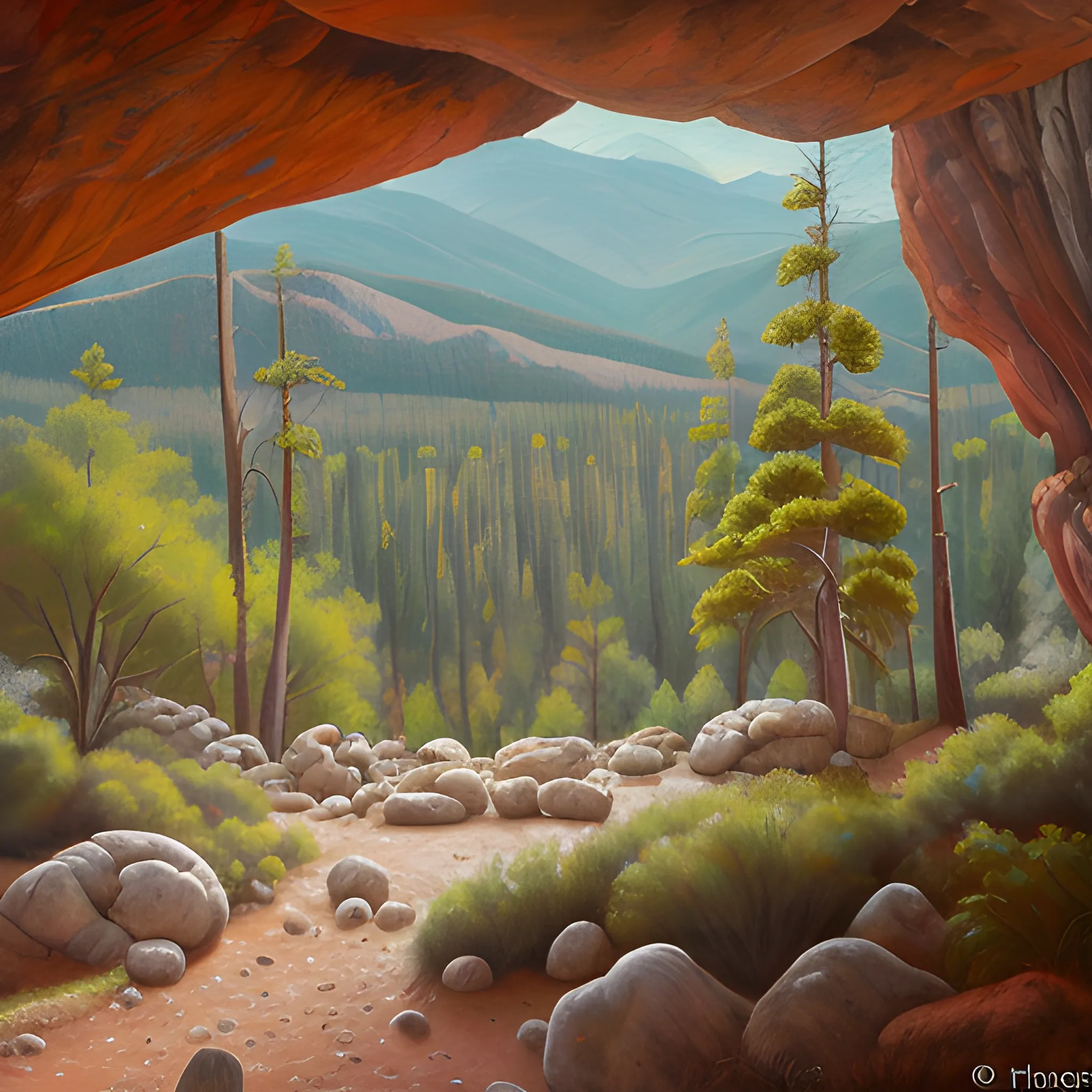 paisaje de boste de pinos en el centro una cueva en su entrada un venado viendo al observador, Oil Painting