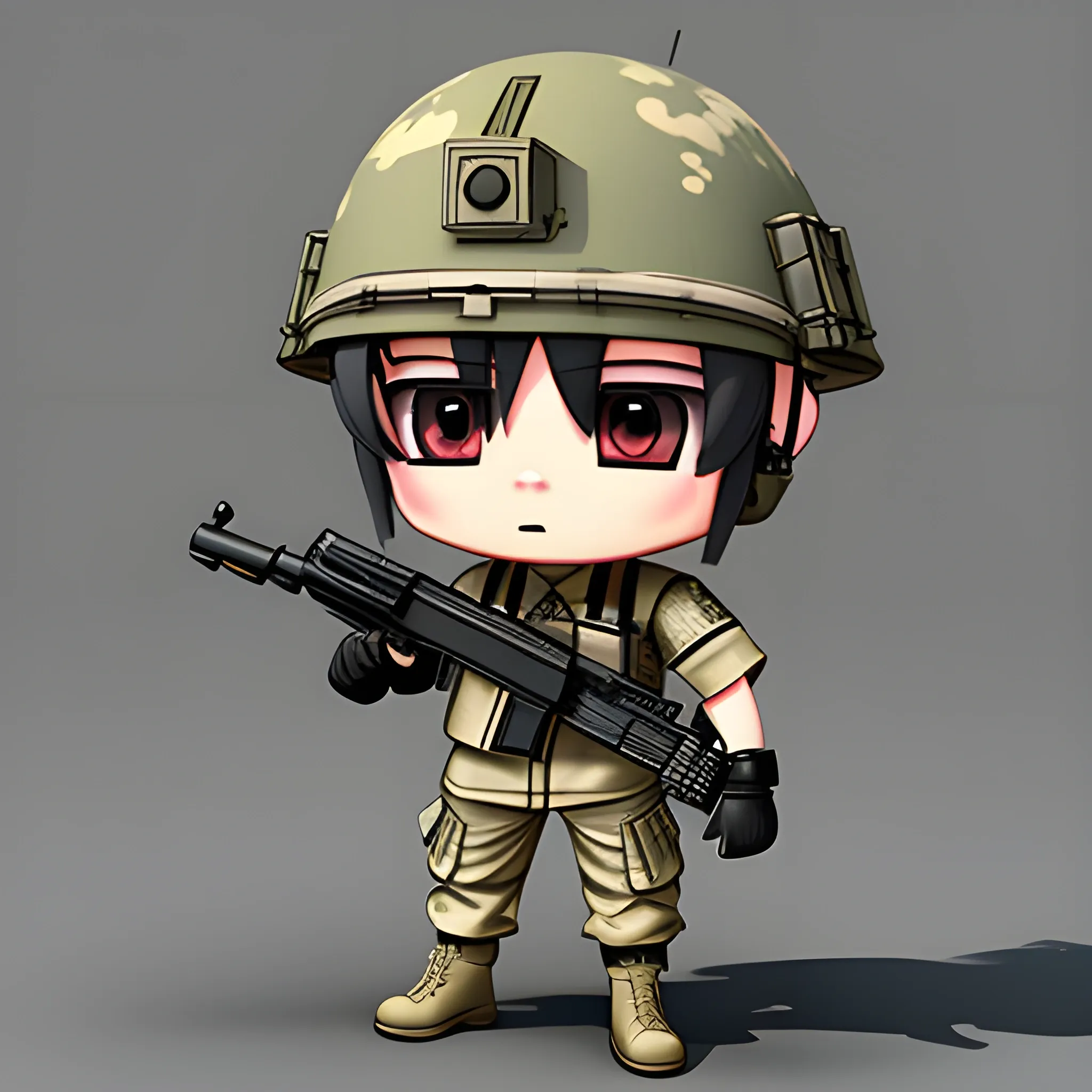 A soldier with a chibi-style machine gun. SHRAPNEL is an intensely competitive AAA, 3D