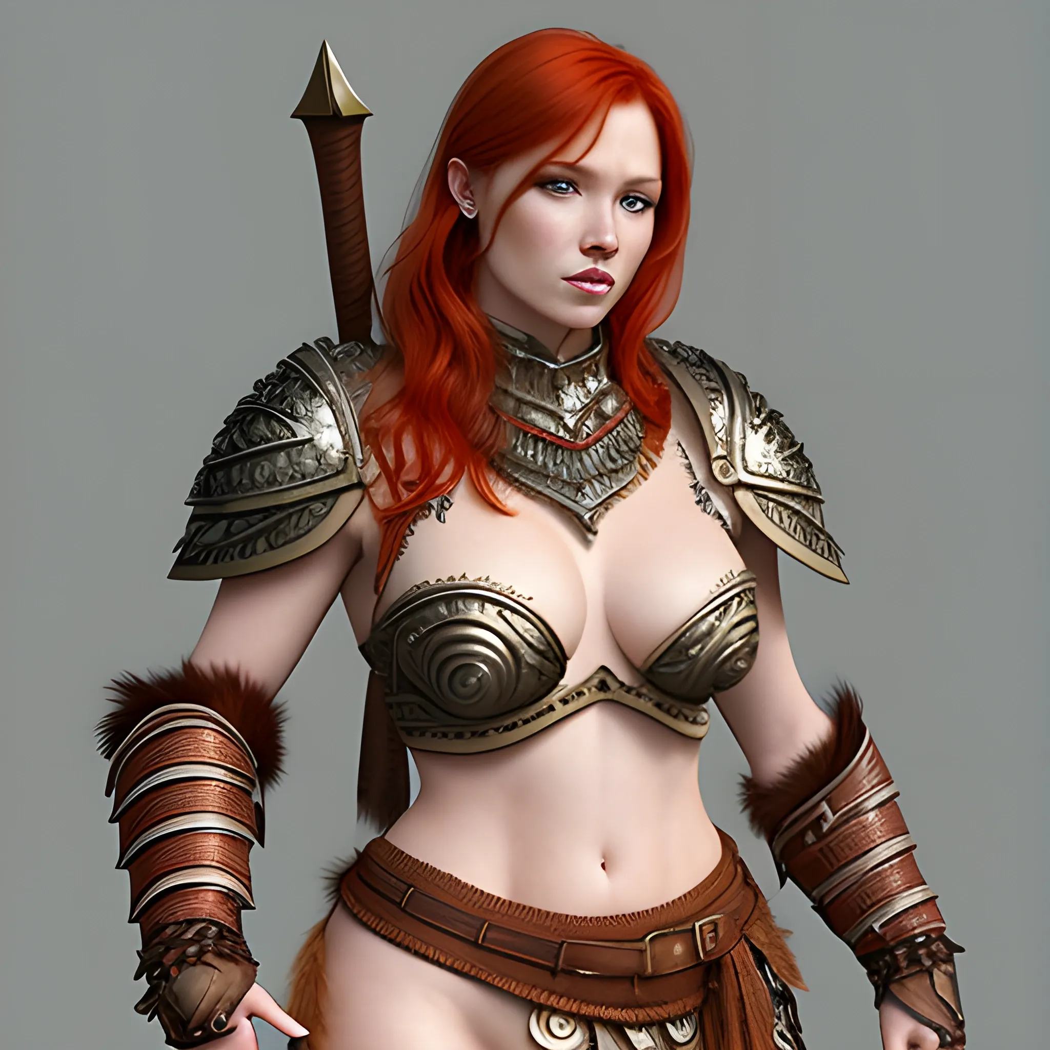 An elegant redhead lady wearing a barbarian skimpy armor, eye-catching detail, realistic ultra-detailed