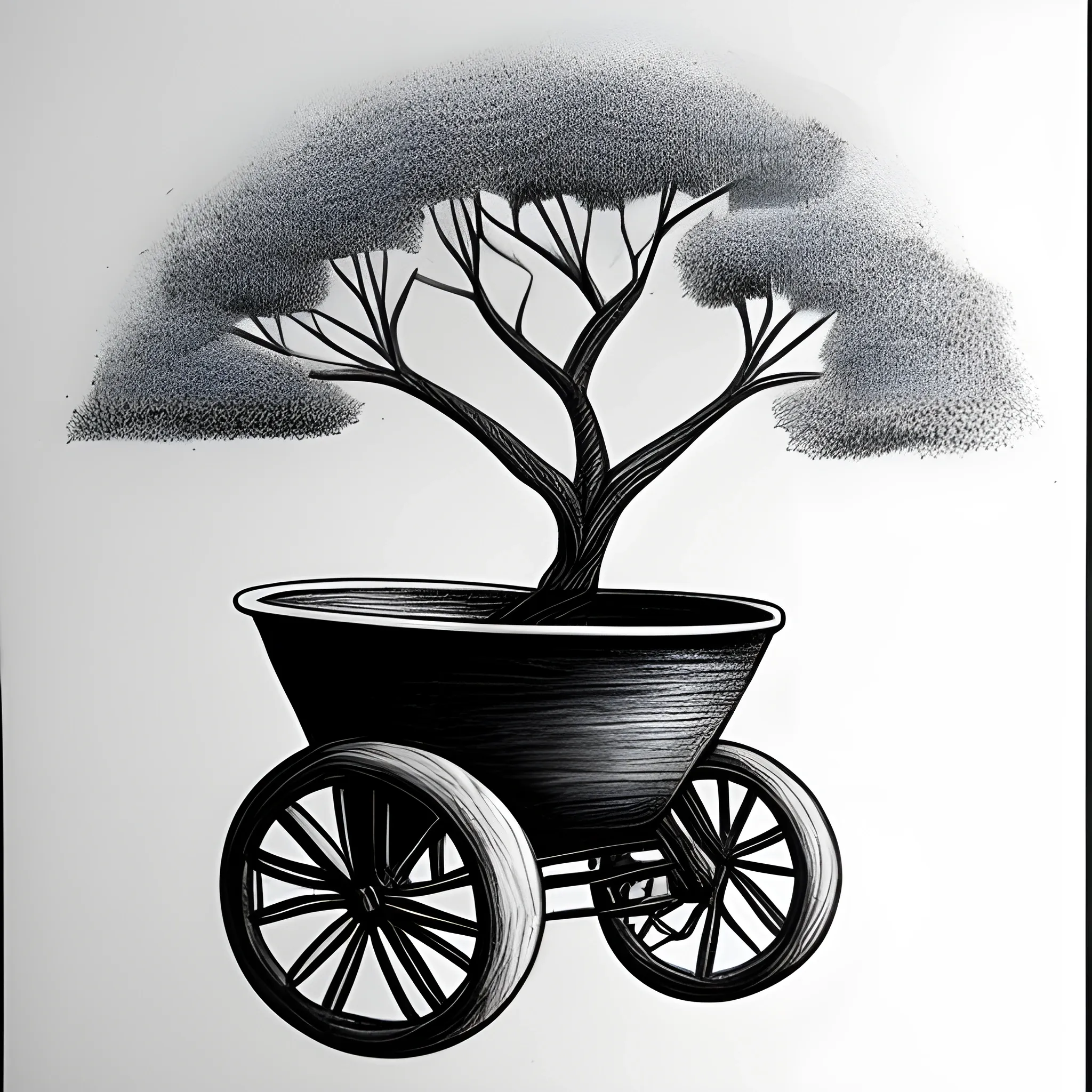 Wheelbarrow from which a little tree grows, black, Pencil Sketch