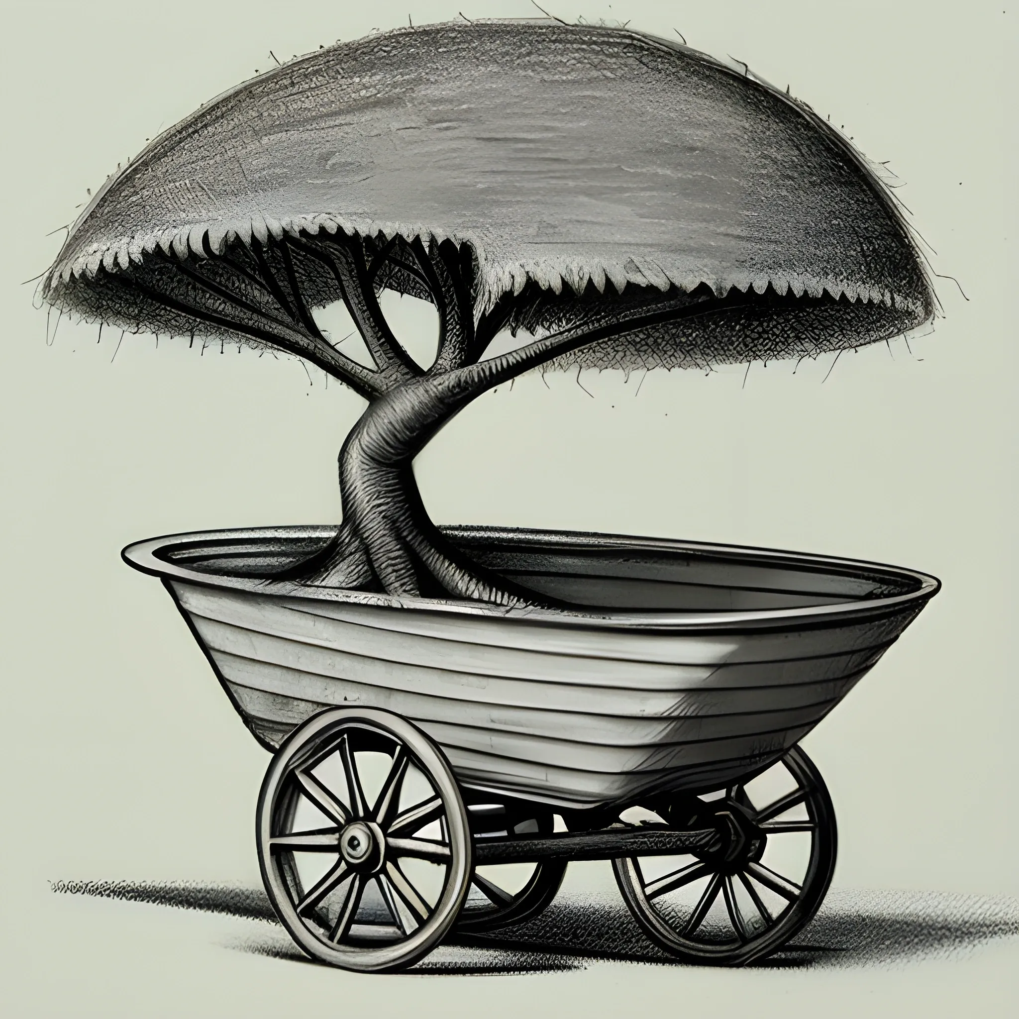 german Wheelbarrow with tree growing inside, Pencil Sketch, white background, symbol
