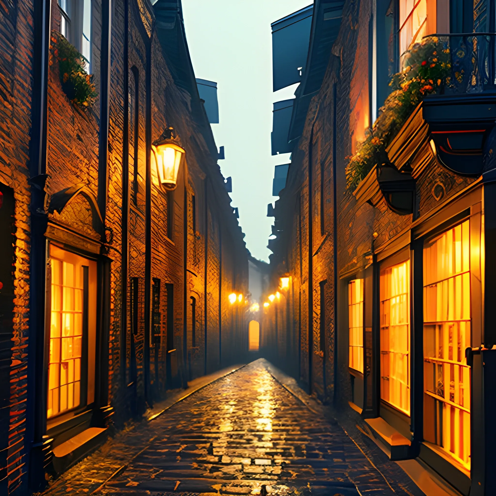 old victorian alleyway at night, clothing lines across buildings, three storey building, cobblestone ground wet