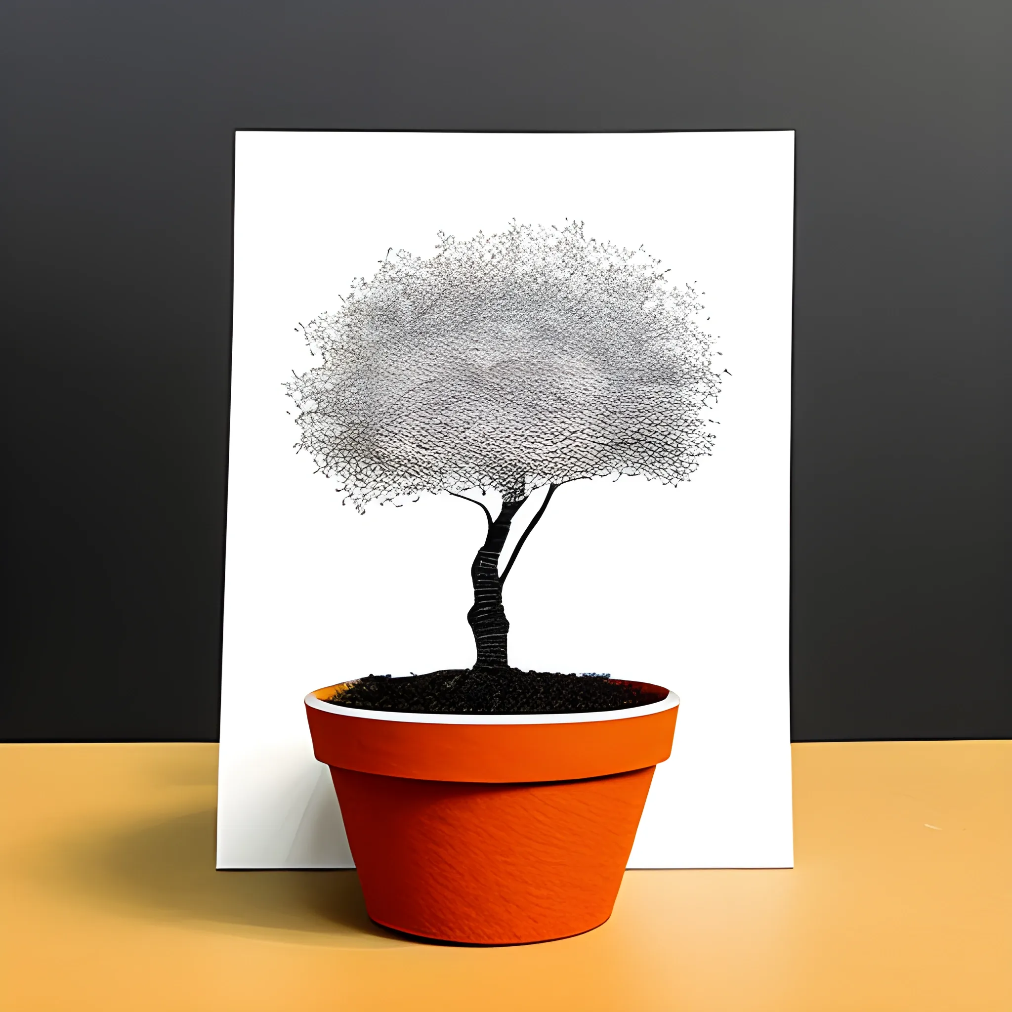 Silhouette of a tree growing in a flower pot, white background, painted with a felt-tip pen