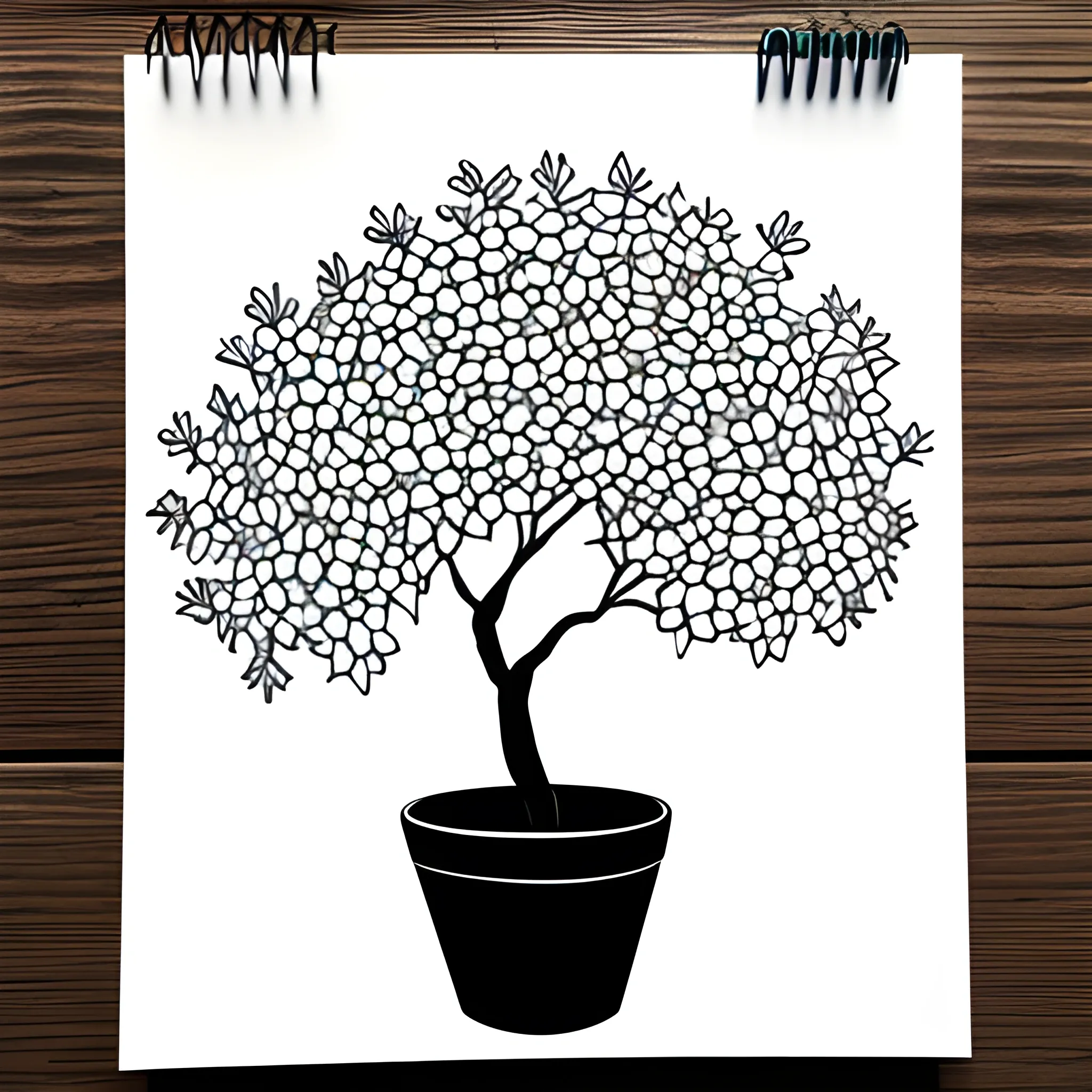 Silhouette of a tree growing in a flower pot, white background, painted with a felt-tip pen