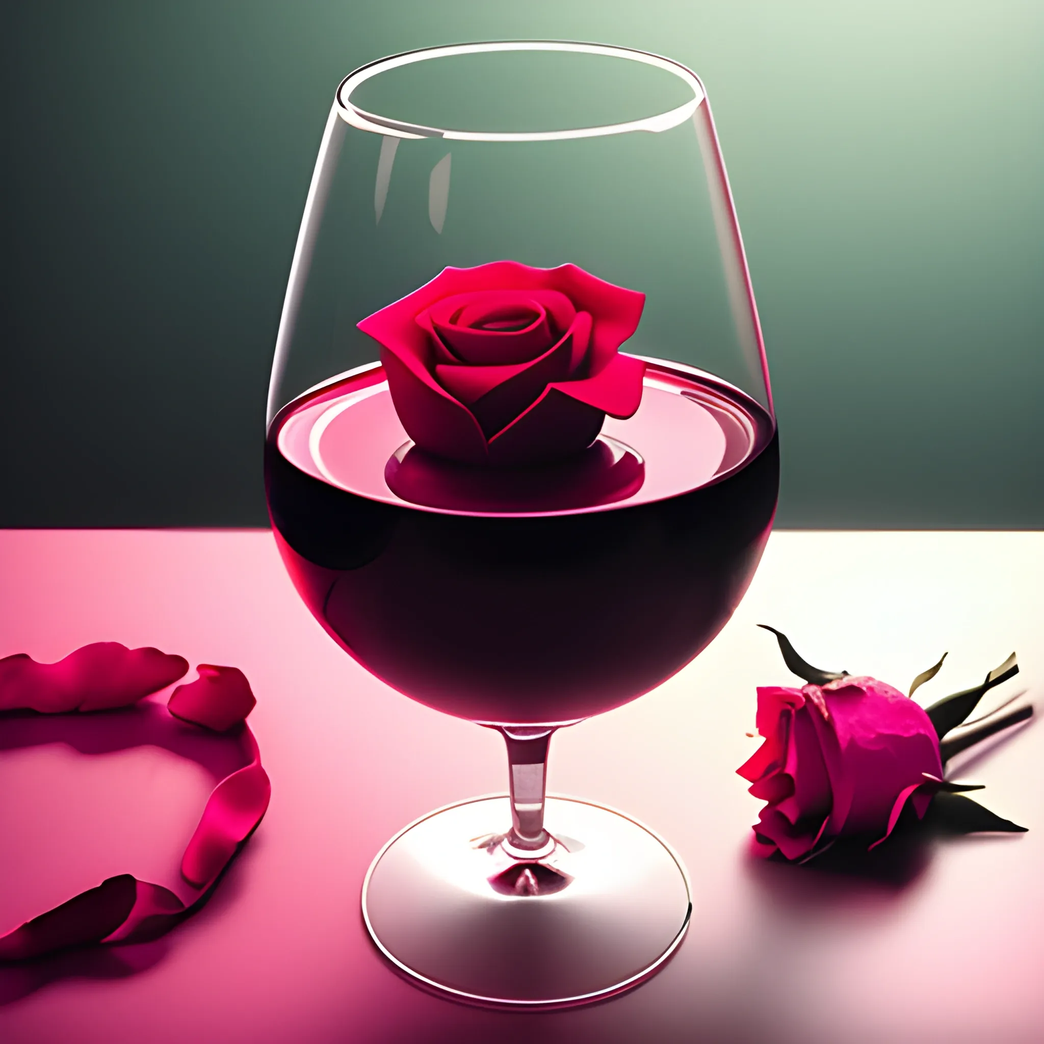 minimilist aesthetic art,wine poring in the glass,on the table ,with a red rose, and  a pink gun
