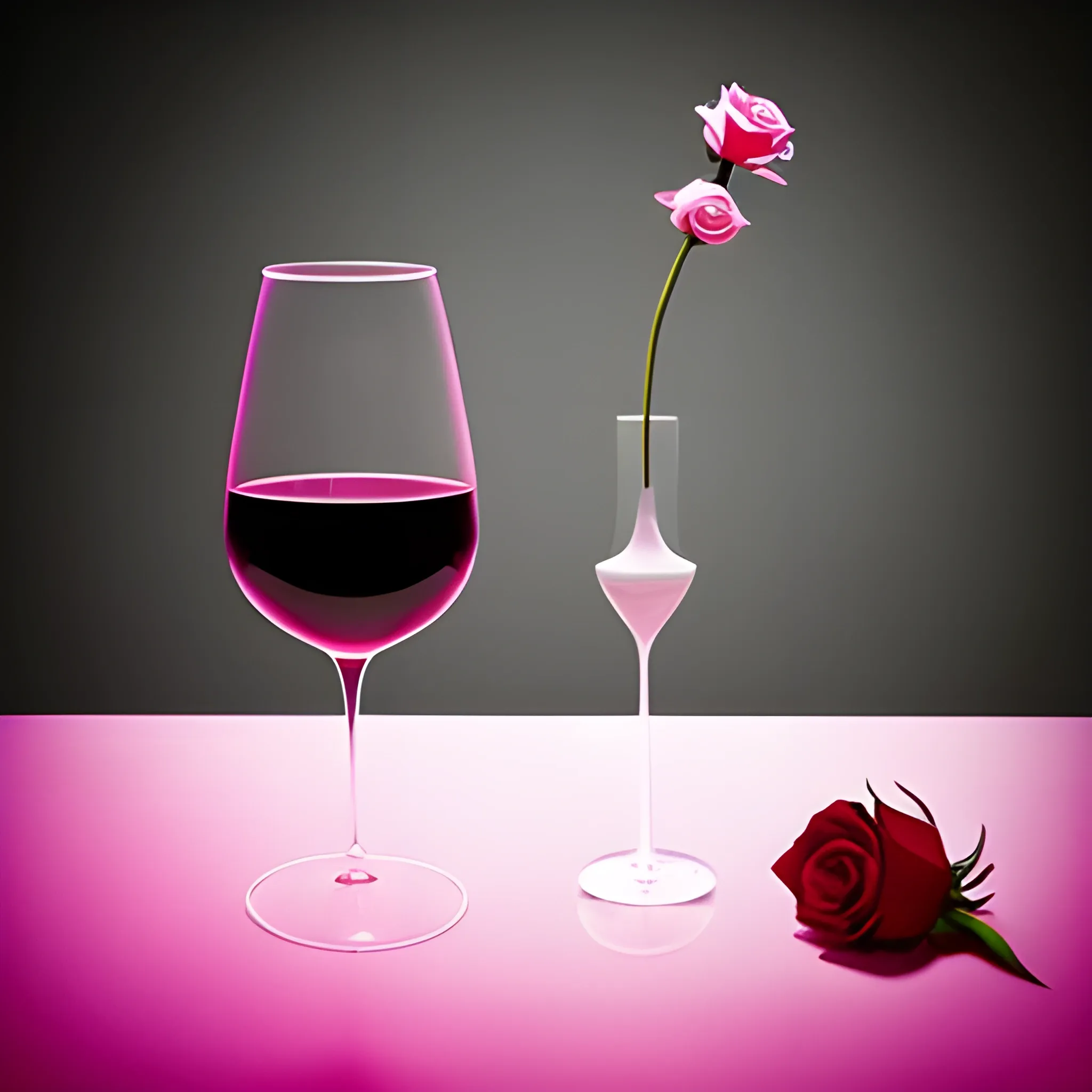 minimilist aesthetic art,wine poring in the glass,on the table ,with a red rose, and  a pink gun
