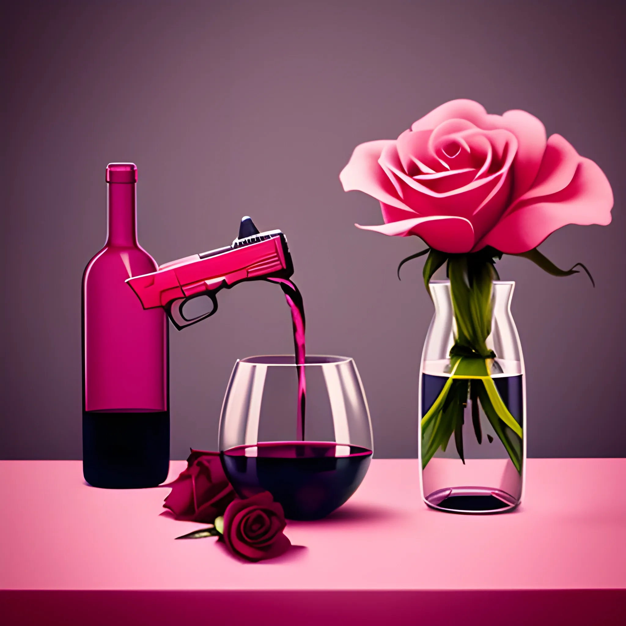 minimilist aesthetic art,wine pouring by pink bottle in the glass,on the table ,with a red rose, and a pink gun on the table
