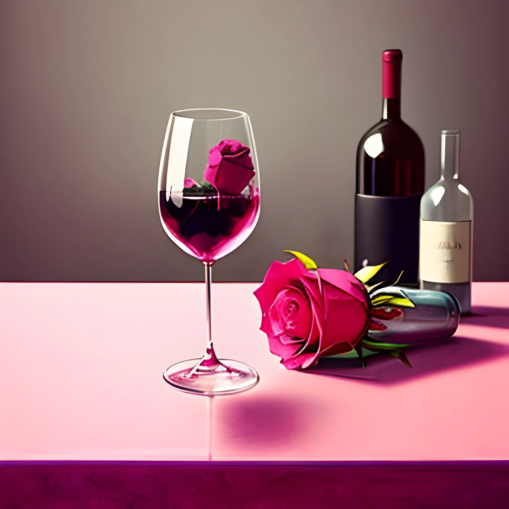 aesthetic art,wine pouring by pink bottle in the glass,on the table ,with a red rose, and a pink gun on the table
