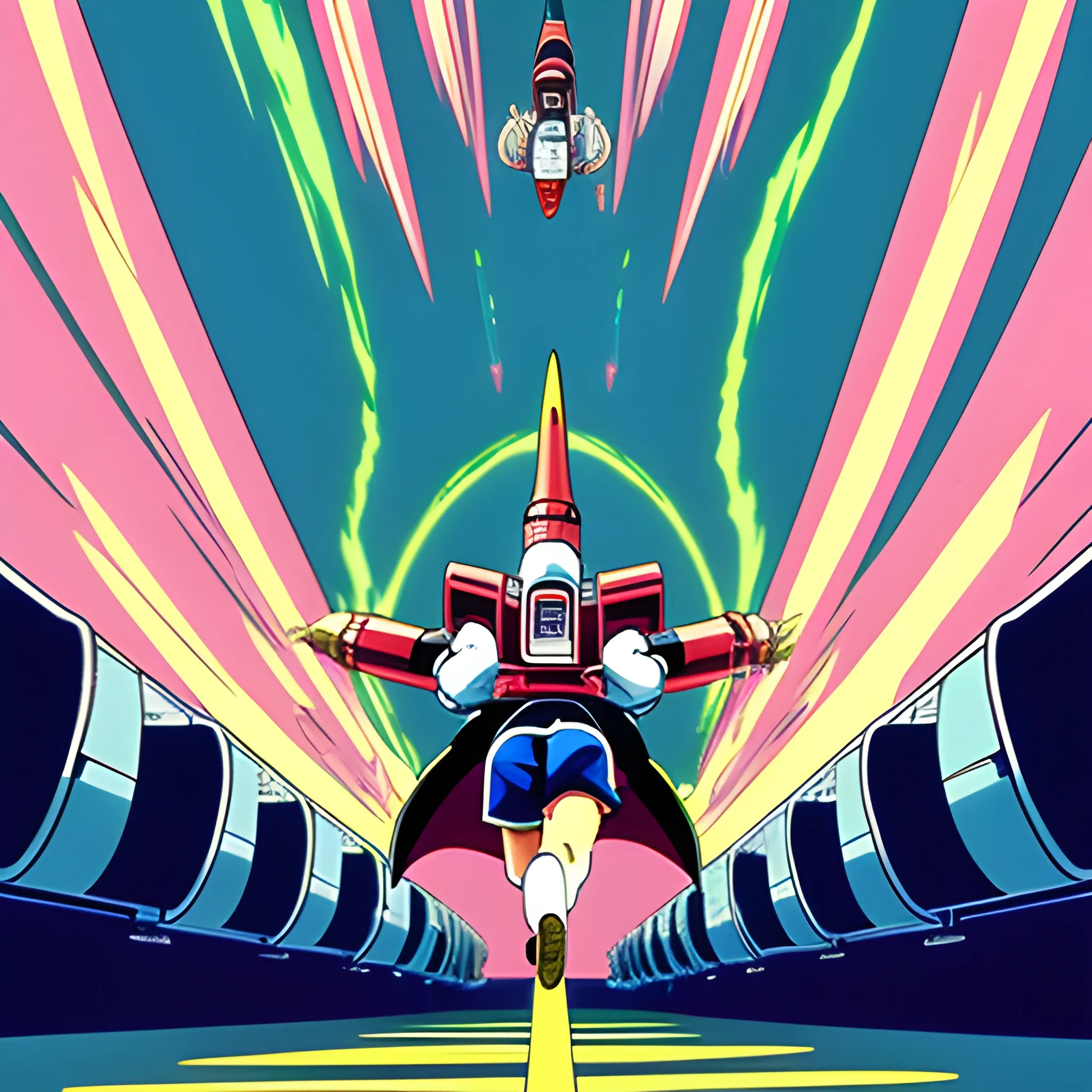 Vintage anime, 90’s anime aesthetic. A stunning maximalist shot the protagonist running towards a rocket ship taking off. Aesthetic. One point perspective.
