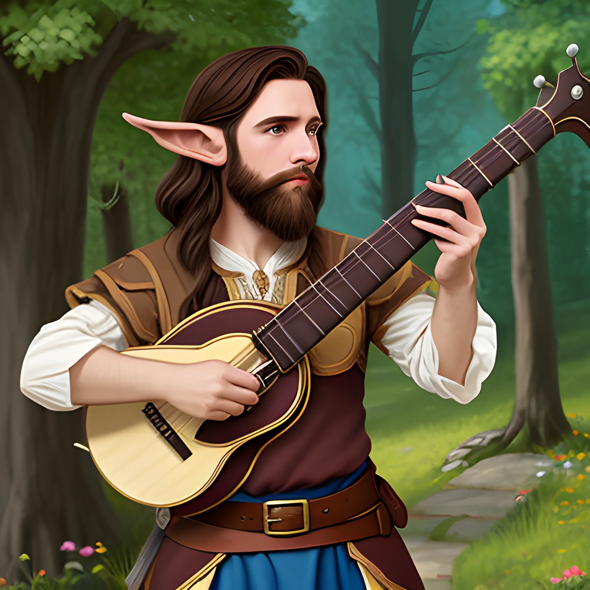 Half elf bard with brown hair, a short beard, and a lute
