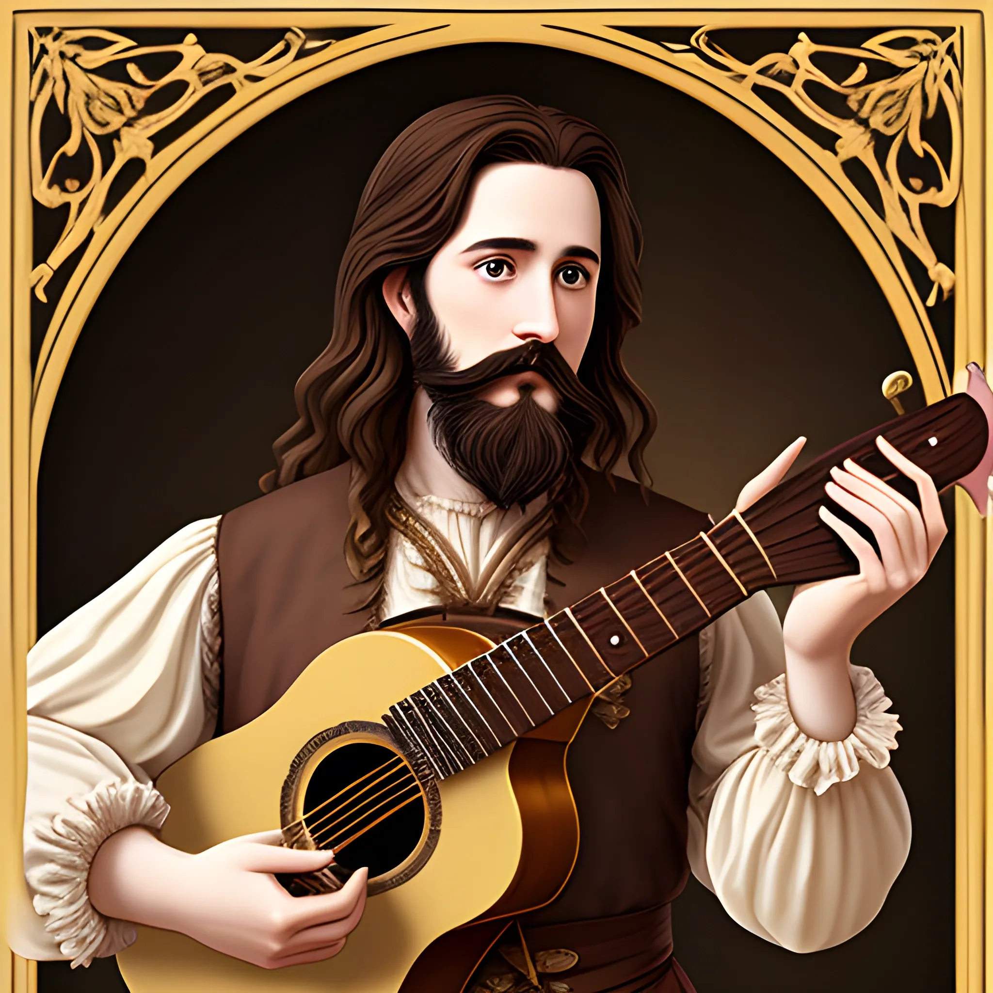 bard with brown hair, a short beard, and a lute
